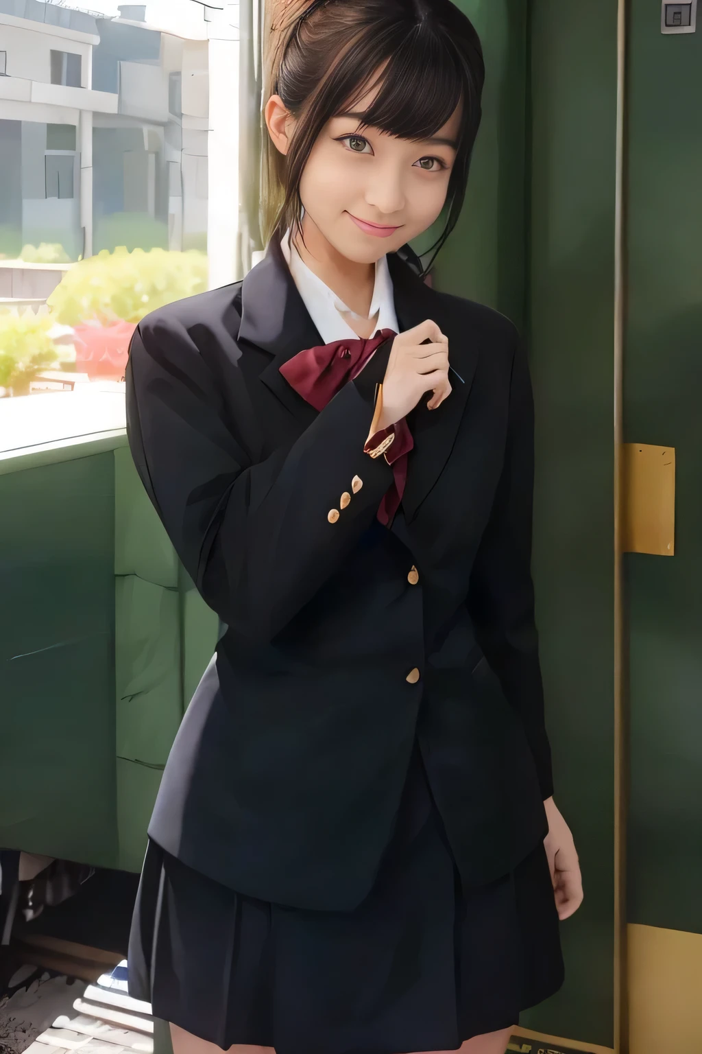 (masterpiece:1.2, Best Quality:1.2), 32K HDR, High resolution, (Alone、1 girl)、（Rooftop of a building during the day、Professional Lighting）、Building rooftop background、（JR woman train crew Uniform blackを着たリアルスタイル）、（（JR female train attendant uniform black white blouse short sleeve 、Black knee-length wrap culottes、Black jacket、scarf））、dark brown hair、（Long Hair、Hair tied up、Hair tied up）、dark brown hair、Long Shot、Big Breasts、Thin legs、（（Great hands：2.0）），（（Harmonious body proportions：1.5）），（（Normal limbs：2.0）），（（Normal finger：2.0）），（（Normal eyes：2.0））)、smile、（JR female flight attendant uniform black knee-length wrap culottes skirt beautiful posture）、Hands down
