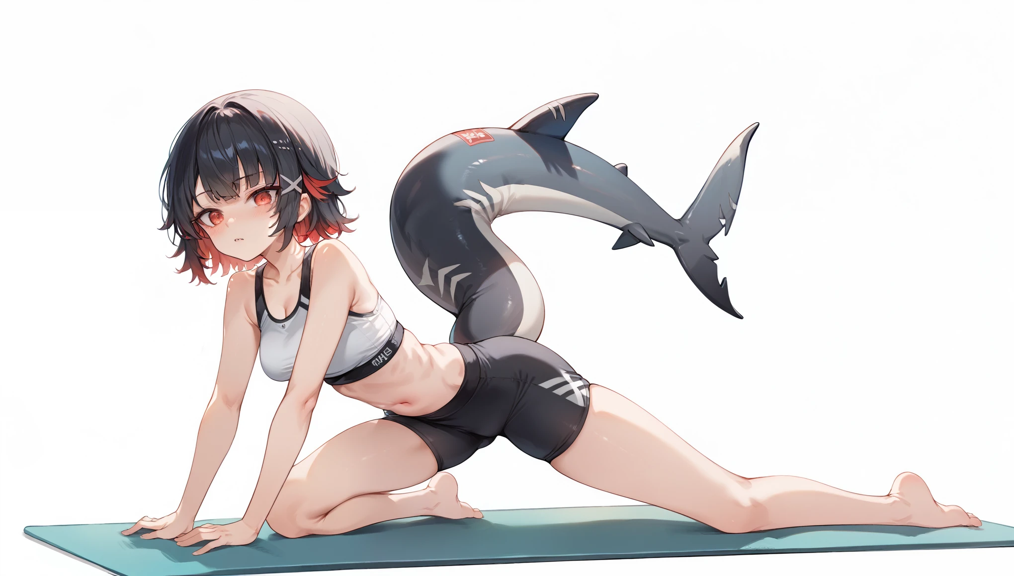 masterpiece，high resolution，Anime Art，Anime Numbers， 4k anime wallpaper，Soft lighting，Zero Elenjo，Yoga Clothes，Splits，blush，Black hair，Gradient hair，Red eyes，Slender legs，Black shark tail，White background