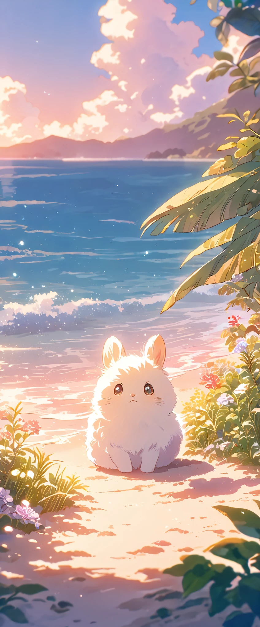 Create a close-up, animated illustration of a fluffy baby bunny sitting in Beach. Emphasize the soft fur, big eyes, and twitching nose of the bunny. The background should be a gentle blur of greenery, highlighting the cuteness and innocence of the baby bunny, by makoto shinkai, anime beautiful peace scene, beautiful anime scene, anime background art, anime landscape wallpaper, anime landscape, anime art wallpaper 4 k , anime art wallpaper 4k, beautiful anime scenery, anime art wallpaper 8 k, amazing wallpaper , Summer , Beach , Hot summer , Summer flowers