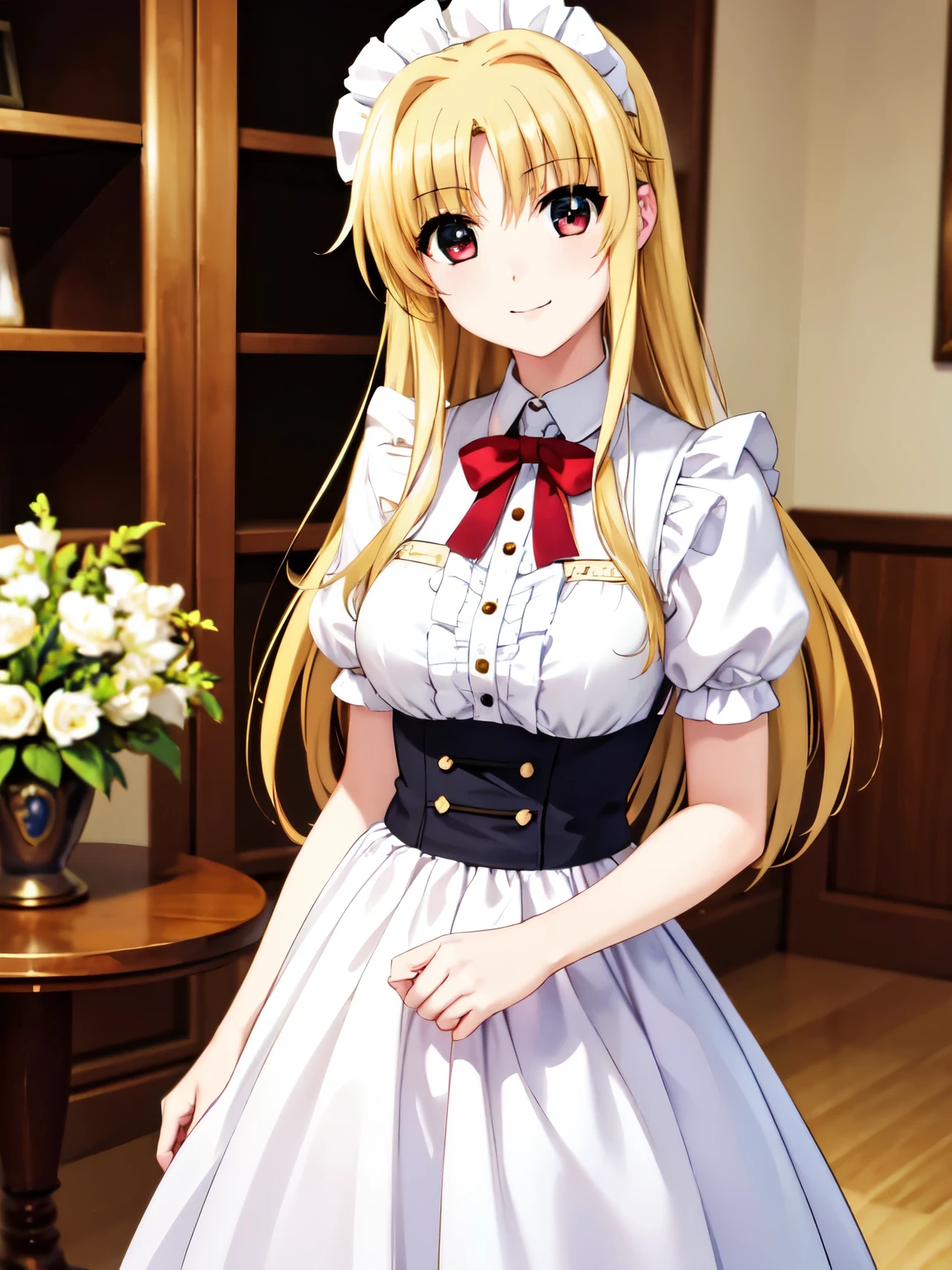 Best Quality、Otome、One Girl、(Anime illustration style)、destiny、Photographed from the front、indoor、High resolution、Standing、 High image quality、Standing、garden、Beautiful attractive golden hair、Amber Hair、Beautiful and attractive red eyes、smile、Closed Mouth、smile、White maid outfit、（Victorian maid outfit:1.5)、1 person、Beautiful Eyes、Sharp pupils、(Genuine、Realistic、Realistic:1.2)、High resolution、High resolution、super fine painting,forward leaning posture