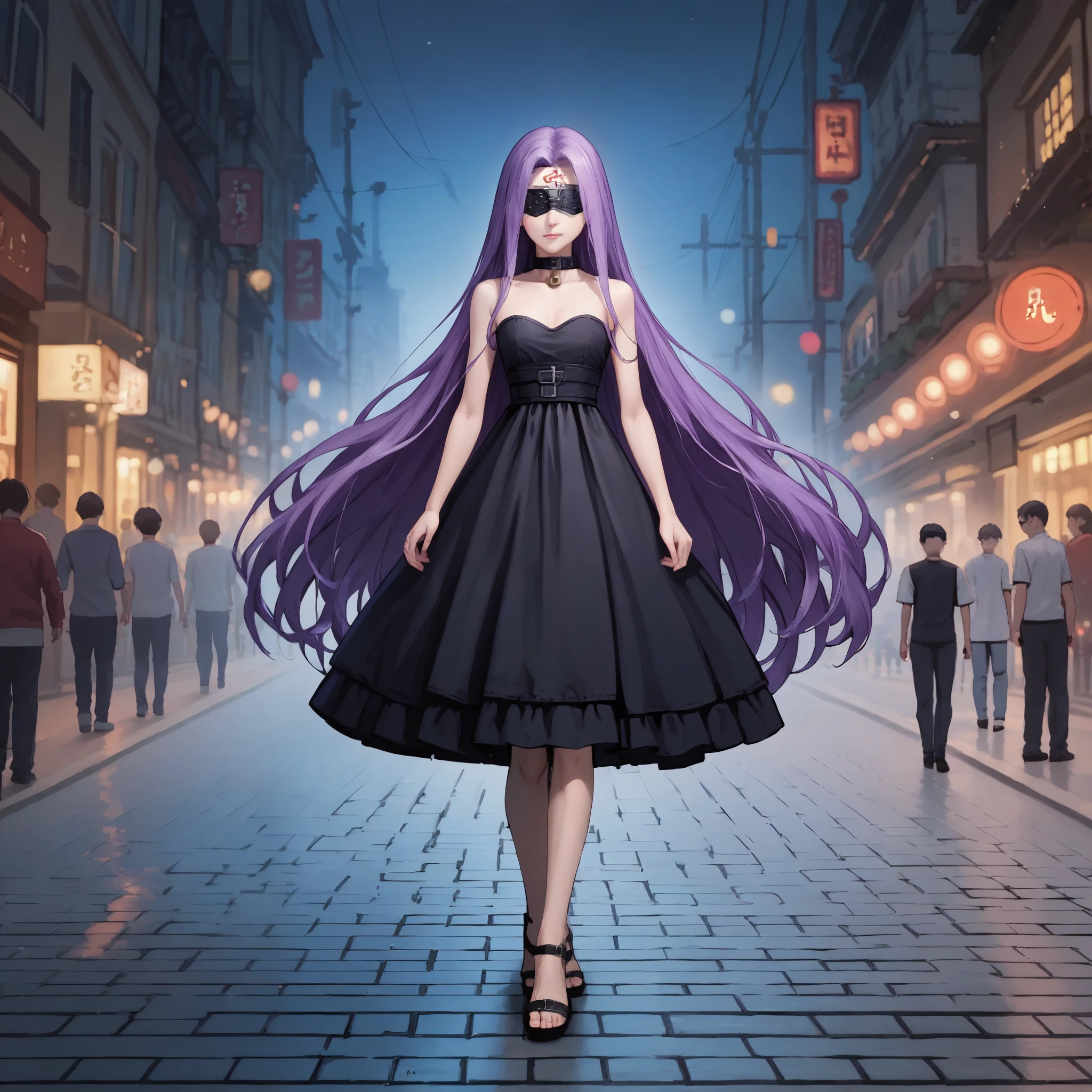 Medasa Rider, Ride Medusa, Long Hair, very Long Hair, Purple Hair, Facial marks, Forehead mark Taihai, dress, Clevis, Shoulder, Sleeveless, black dress, collar, Strapless, Strapless dress, Blindfold, Full body photography, forward leaning posture, 8k, ((Mastepiece)),(((Best Quality))),((Super detailed)),((((Realism)))), Photorealistic:1.37, (Ultra-realistic), (Illustration), (High resolution), (Very detailed), (最高のIllustration), (Super detailed細壁紙), (Detail face), (Beautiful expression), ((詳細 Best Qualityのスキン:1.2)), ((Moist skin)), ((Super detailed細な背景, Detailed background, Harbour Street, Dark Night, Jump over the city, Dynamic posing)), looking at viewer, Combat Ready, lock blade, connection lock, knife