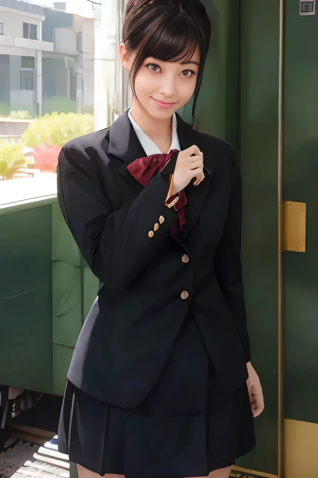 (masterpiece:1.2, Best Quality:1.2), 32K HDR, High resolution, (Alone、1 girl)、（Rooftop of a building during the day、Professional Lighting）、Building rooftop background、（JR woman train crew Uniform blackを着たリアルスタイル）、（（JR female train attendant uniform black white blouse short sleeve 、Black knee-length wrap culottes、Black jacket、scarf））、dark brown hair、（Long Hair、Hair tied up、Hair tied up）、dark brown hair、Long Shot、Big Breasts、Thin legs、（（Great hands：2.0）），（（Harmonious body proportions：1.5）），（（Normal limbs：2.0）），（（Normal finger：2.0）），（（Normal eyes：2.0））)、smile、（JR female flight attendant uniform black knee-length wrap culottes skirt beautiful posture）、Hands down
