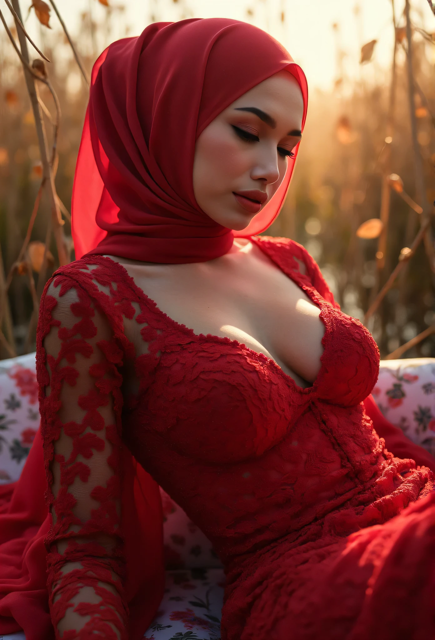 ((POV from below)), of a beautiful woman in hijab, wearing red net dress, big breast, showing large cleavage, reeds, (backlight), realistic, masterpiece, high quality, lens reflection, shadow, flower, [[chromatic aberration]], by Jeremy Lipking, by Antonio J. Manzanedo, digital painting,