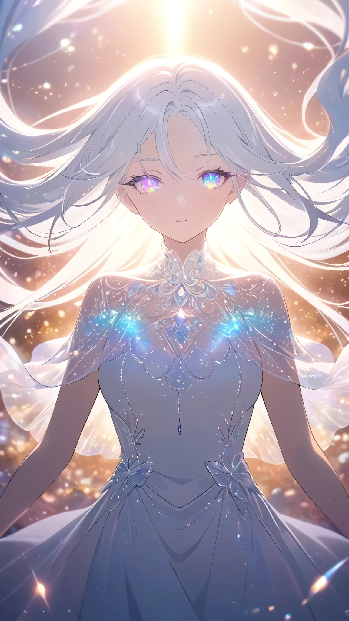 A beautiful young woman with long white hair falling gracefully from the sky, wearing a flowing white dress with a symmetrical, highly detailed face, surrounded by translucent multicolored glitters in a soft, dreamy, and dramatic lighting at golden hour, elegant and intricate,vivid color,sparkling 