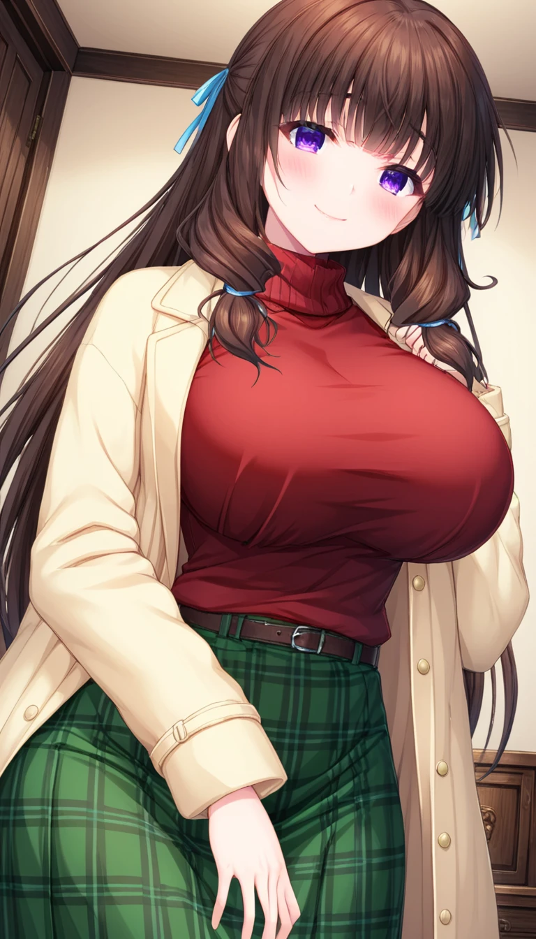 (masterpiece,best quality,high resolution,perfect and detailed anatomy:1.4,extremely detailed picture,wallpaper,cowboy shot:1.3,CG),alone,1girl,hetero,adult,perfect balance,beautiful character design,pale skin,((brown hair:1.4),(blunt bangs),(long hair:1.4),(Purple eyes:1.4),(perfect and detailed eyes:1.4),closed mouth:1.4,smile,blush),beautiful body,(large breasts),sui kayama,hair blue ribbon,(beige down coat:1.4),(red turtleneck sweater:1.4),(green check long skirt:1.4),belt,(room:1.4),(turn your face and body straight:1.4)