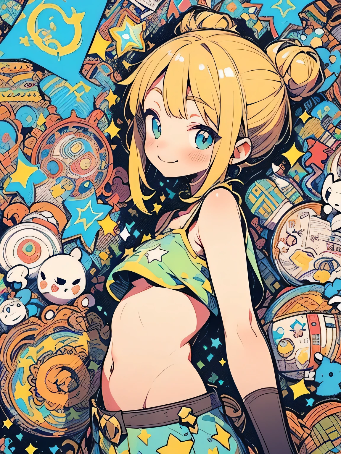 (from sideview),(Alone),(looking at viewer:1.3),(leaning foward:1.2),close up face,blonde twinbuns,long sideburn,((bluntbangs:1.3)),nsfw,(underboob:1.2),cute smile,blush、camisole、Micro Mini Skirt、Absolute territory、Black Knee High、Fancy Pouch、amusement park、(I am the star:1.3),(manga style),(sketch),(illustration),