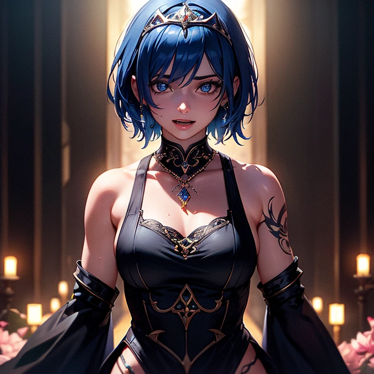 masterpiece, best quality, high quality, Очень подробно CG uniform 8k wallpaper, 1 girl, One, blue hair, tattoo, Short hair, has, jewelry, smile, Necklace, Looks at the audience, has, Realistic, Open mouth, teeth, upper body, vest, nose, bare shoulders, artist name, Black Tiara, clavicle, arm tattoo, Blue eyes, lips, blur, oil painting, photo, award winning, hips, depth of field, HDR, blossom, Chromatic aberration, RealismVery detailed, artstation Intricate, High detail, Dramatic, art in the middle of the road