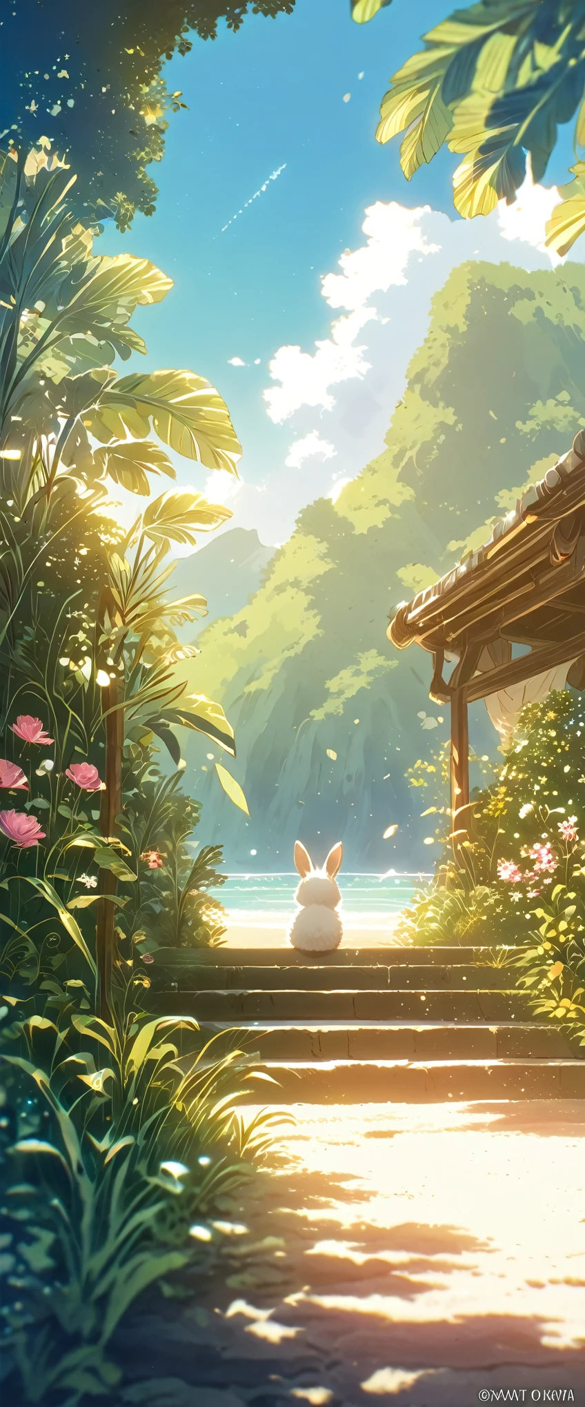 Create a close-up, animated illustration of a fluffy baby bunny sitting in Beach. Emphasize the soft fur, big eyes, and twitching nose of the bunny. The background should be a gentle blur of greenery, highlighting the cuteness and innocence of the baby bunny, by makoto shinkai, anime beautiful peace scene, beautiful anime scene, anime background art, anime landscape wallpaper, anime landscape, anime art wallpaper 4 k , anime art wallpaper 4k, beautiful anime scenery, anime art wallpaper 8 k, amazing wallpaper , Summer , Beach , Hot summer , Summer flowers