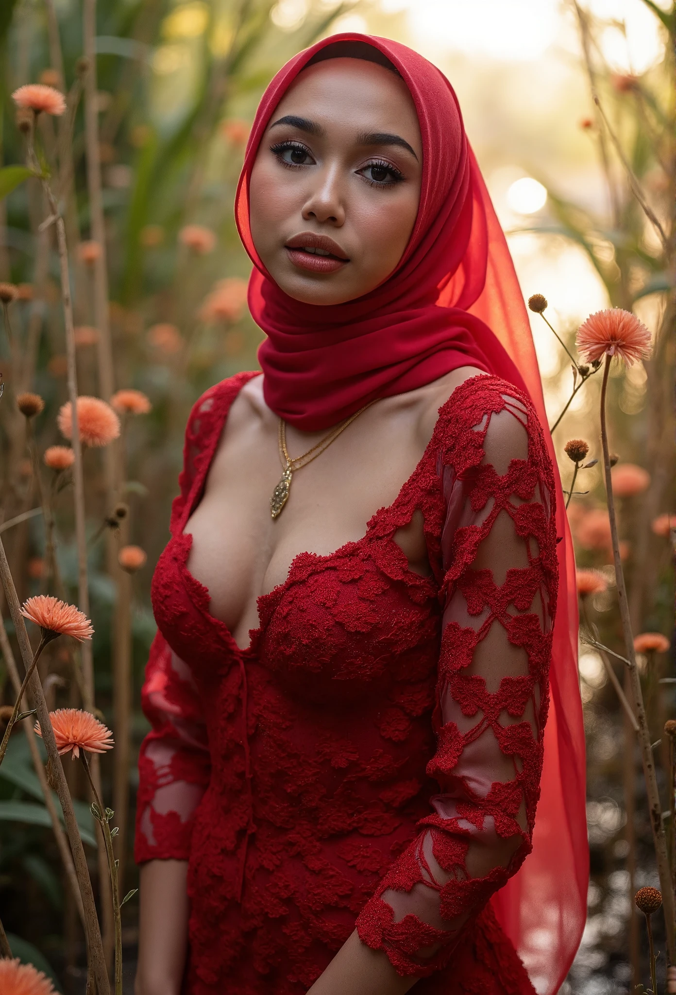 ((POV from below)), of a beautiful woman in hijab, wearing red net dress, ((heavy big breast:1.4)), showing large cleavage, reeds, (backlight), realistic, masterpiece, high quality, lens reflection, shadow, flower, [[chromatic aberration]], by Jeremy Lipking, by Antonio J. Manzanedo, digital painting,