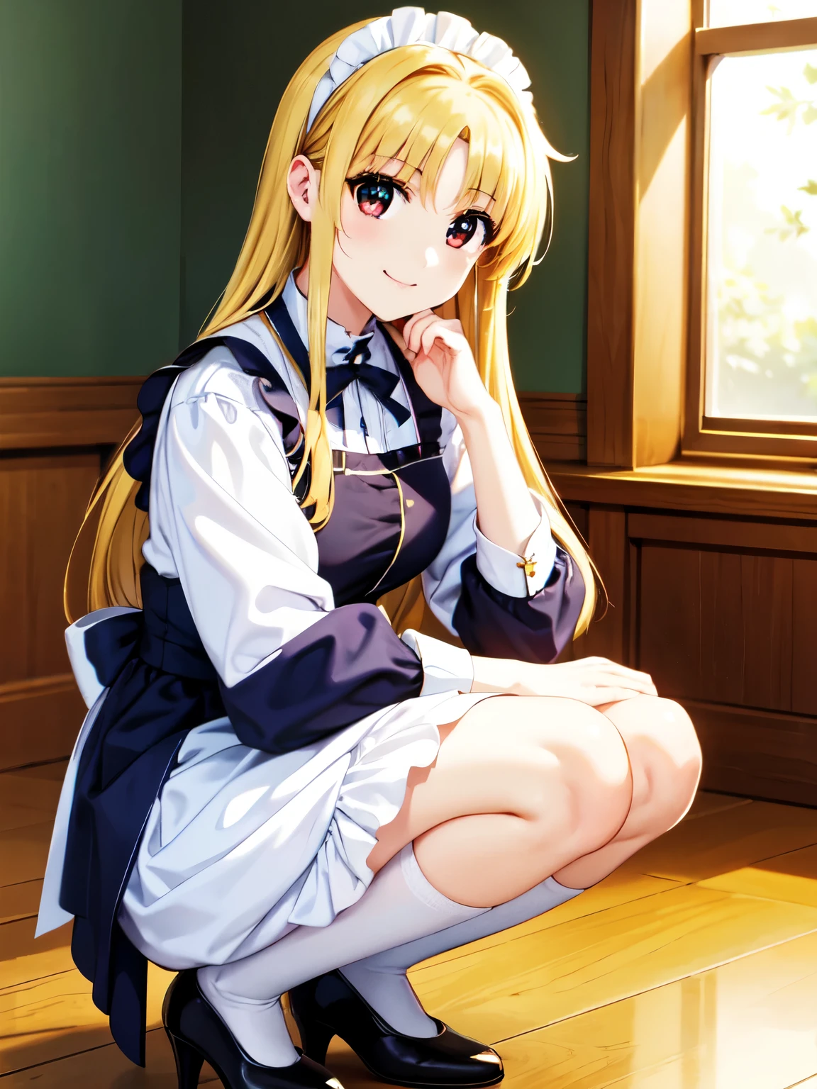 Best Quality、Otome、One Girl、(Anime illustration style)、indoor、Photographed from the front、indoor、High resolution、 High image quality、Beautiful attractive golden hair、Amber Hair、Beautiful and attractive red eyes、smile、Closed Mouth、smile、White maid outfit、（Victorian maid outfit:1.5)、1 person、Beautiful Eyes、Sharp pupils、(Genuine、Realistic、Realistic:1.2)、High resolution、High resolution、super fine painting, Shift the center of gravity backwards, Place your heels on the ground, (Squat:1.3)