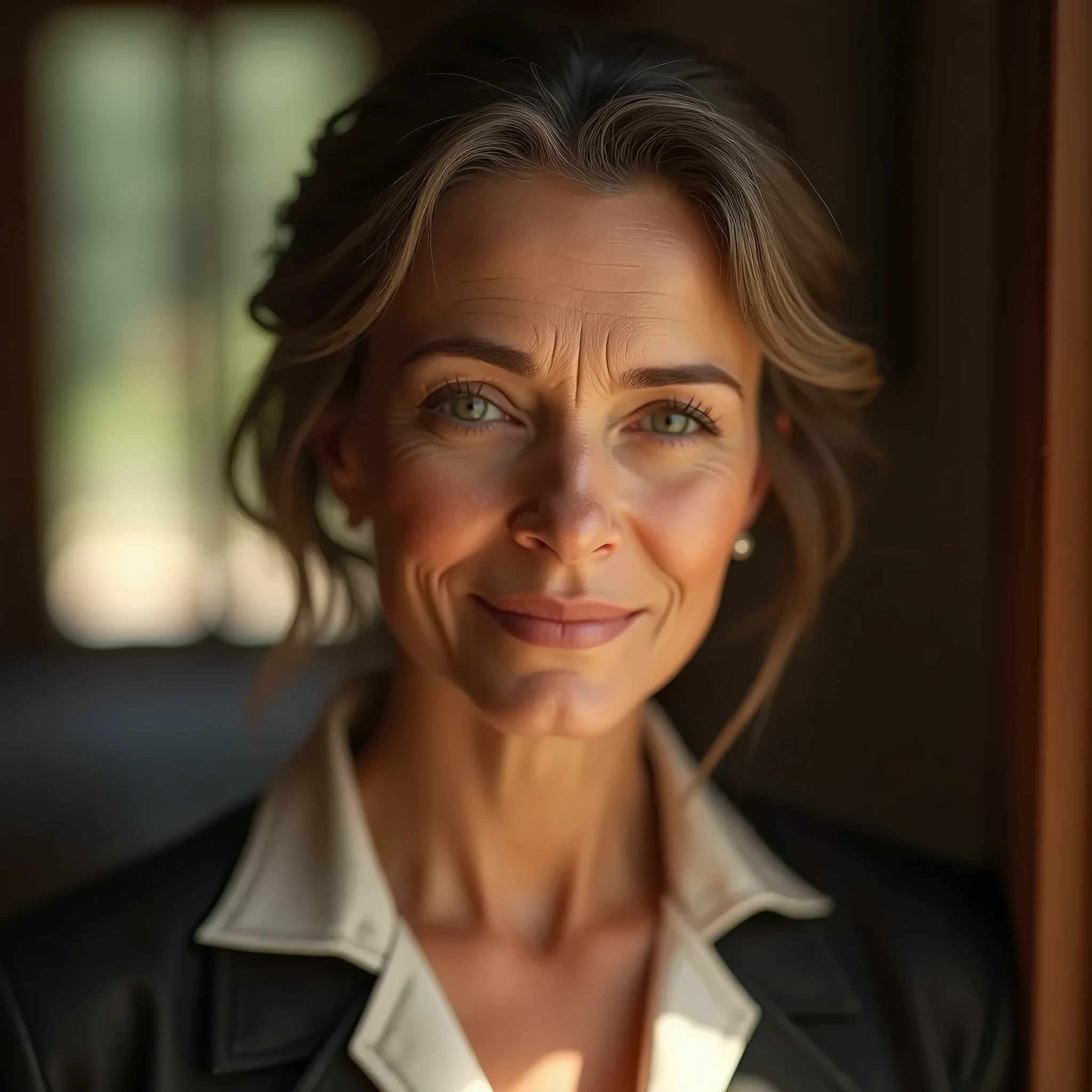 Beautiful mature woman 45 years old, wrinkles on the face, detailed face and texture, European woman, looks into the frame, sexy, languid face, bright blue eyes
