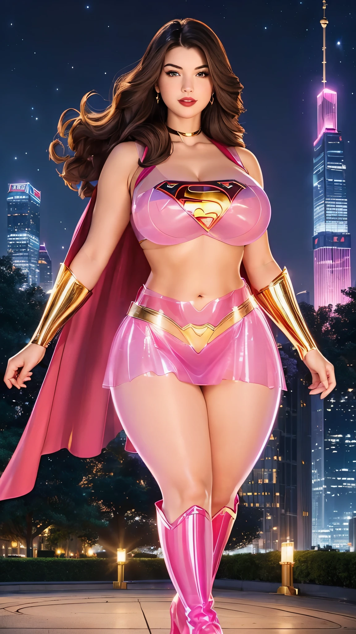 wondergirl, DisneyAurora, (((Anne Hathaway:Selena Gomez:0.9))) full body view Beautiful woman (((shoulder length wavy dark brown hair, hair pulled back))) defined body, (MILF, BBW, voluptuous, very full figure, curvy, chubby, very soft, very thick, huge breasts, sexy, sexy pose, fat thighs, thick waist, soft belly, hourglass, plump) Red lipstick, hands free, mouth slightly open, smiling, standing facing camera, voluptuous physique that accentuates her hourglass illustration. Emphasizes plump breasts and bulges, ((( tight blue translucent top of SUPERGIRL, gold belt, pink translucent skirt, pink boots, flowing translucent pink cape ))), (((moonlit city plaza surrounded by trees and skyscrapers at night)))