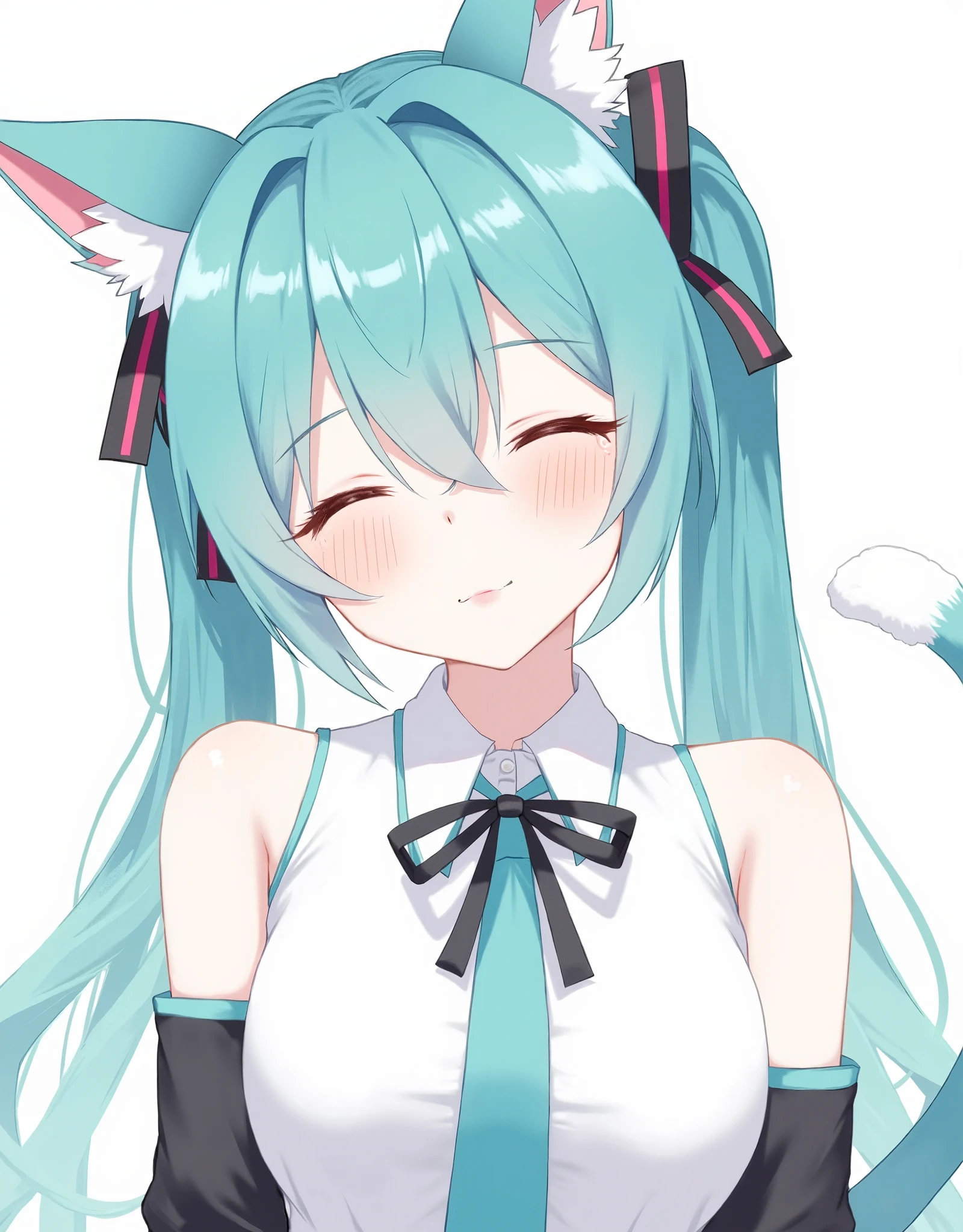 Hatsune Miku, shirt, aqua hair, dress, ribbon, closed eyes, tail, virtual youtuber, blue hair, hair bun, black ribbon, cat ears, wearing white shirt