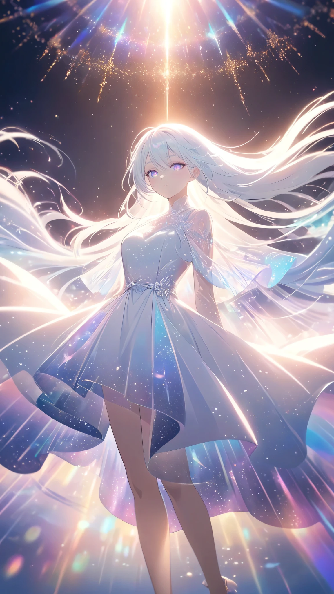 A beautiful young woman with long white hair falling gracefully from the sky, wearing a flowing white dress with a symmetrical, highly detailed face, surrounded by translucent multicolored glitters in a soft, dreamy, and dramatic lighting at golden hour, elegant and intricate,vivid color,sparkling,god rays,iridescence 