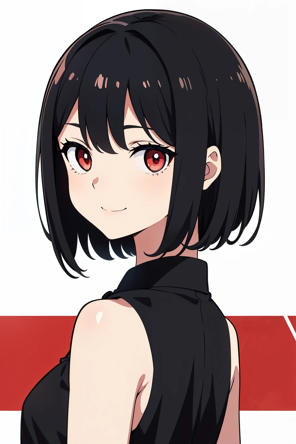 8k,illustration,short hair,masterpiece、top quality,White background,Black_hair,Red Eyes,solitary,1 girl,best quality, Extremely refined、Black hair short bob、Double eyelids,simple background、Immature,Ethereal,White background,Flirtatious eyes,cold,Sexy cute sweet girl,Empty inspiration,Charming smile,Looking back,only face,Seductive eyes