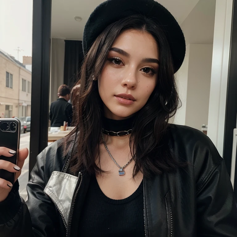 Sexy girl with long black hair taking a selfie with a black mask, a red sweater and a black cap with a black cap and silver chain