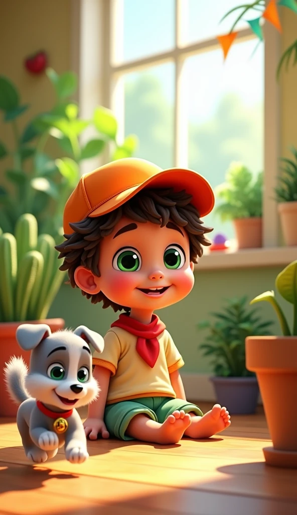 Jaadu, a cheerful young boy with curly brown hair, large green eyes, wearing a bright orange cap and a light-colored shirt, sits with Toto, a playful gray puppy with a red collar. They are in a colorful room with toys and plants around them.

jaadu: cheerful young cartoon boy named Jadoo with curly brown hair and large green eyes, wearing a bright orange cap, a light-colored shirt, a red neckerchief, and rolled-up green shorts with gray

Toto: A cheerful, animated gray puppy with large green eyes and a playful expression runs through a lush, green landscape. The puppy has fluffy fur, a red collar with a bell, and its tongue out, conveying joy and excitement
