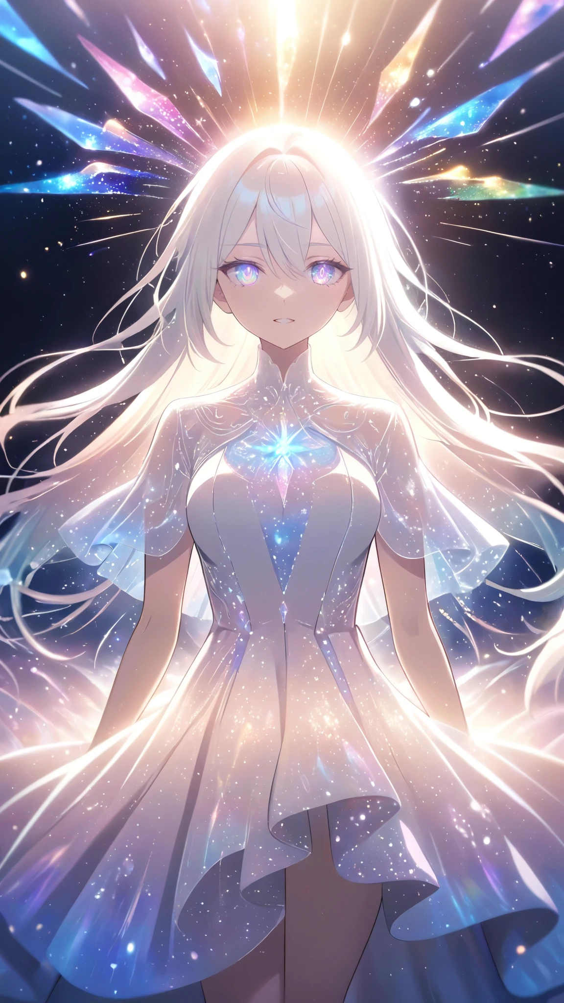 A beautiful young woman with long white hair falling gracefully from the sky, wearing a flowing white dress with a symmetrical, highly detailed face, surrounded by translucent multicolored glitters in a soft, dreamy, and dramatic lighting at golden hour, elegant and intricate,vivid color,sparkling,god rays,iridescence,threads of light,holy aura