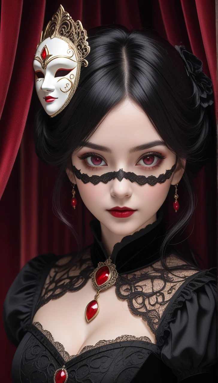 Black cat motif、Black and red tones、Vibrant colors、((masterpiece)))、(((top-quality)))、((ultra-detailliert))、(A hyper-realistic)、(highly detailed CGillustration)、Official art、Madrid in the first half of the 20th century、Decadent、Madame Cat Black、Masquerade、Elegance、Masks that cover most of the face、Colorful and detailed mask design、bob cuts、matchless beauty、Fans、Female Solo、gorgeous dress、jewely、Perfect Angle、→ direction、perfect-composition、full body Esbian