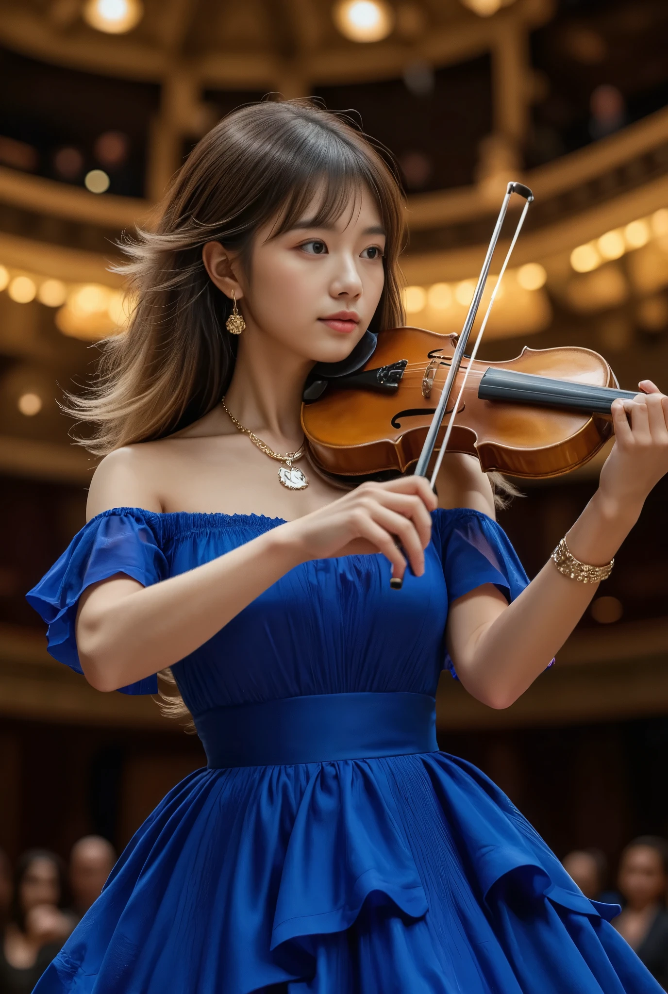 photo of Japanese girl, earrings, upper body, 1girl,
necklace, earrings, bracelet,
long hair with layered cut and one-curl perm, brown to blonde speckled hair, curly hair
the dress is cobalt blue, with layers of ruffles flowing down her body. the shoulders are beautifully pleated like a sculpture, adding a touch of sophistication. ,
playing the violin solo in a concert hall, from the side