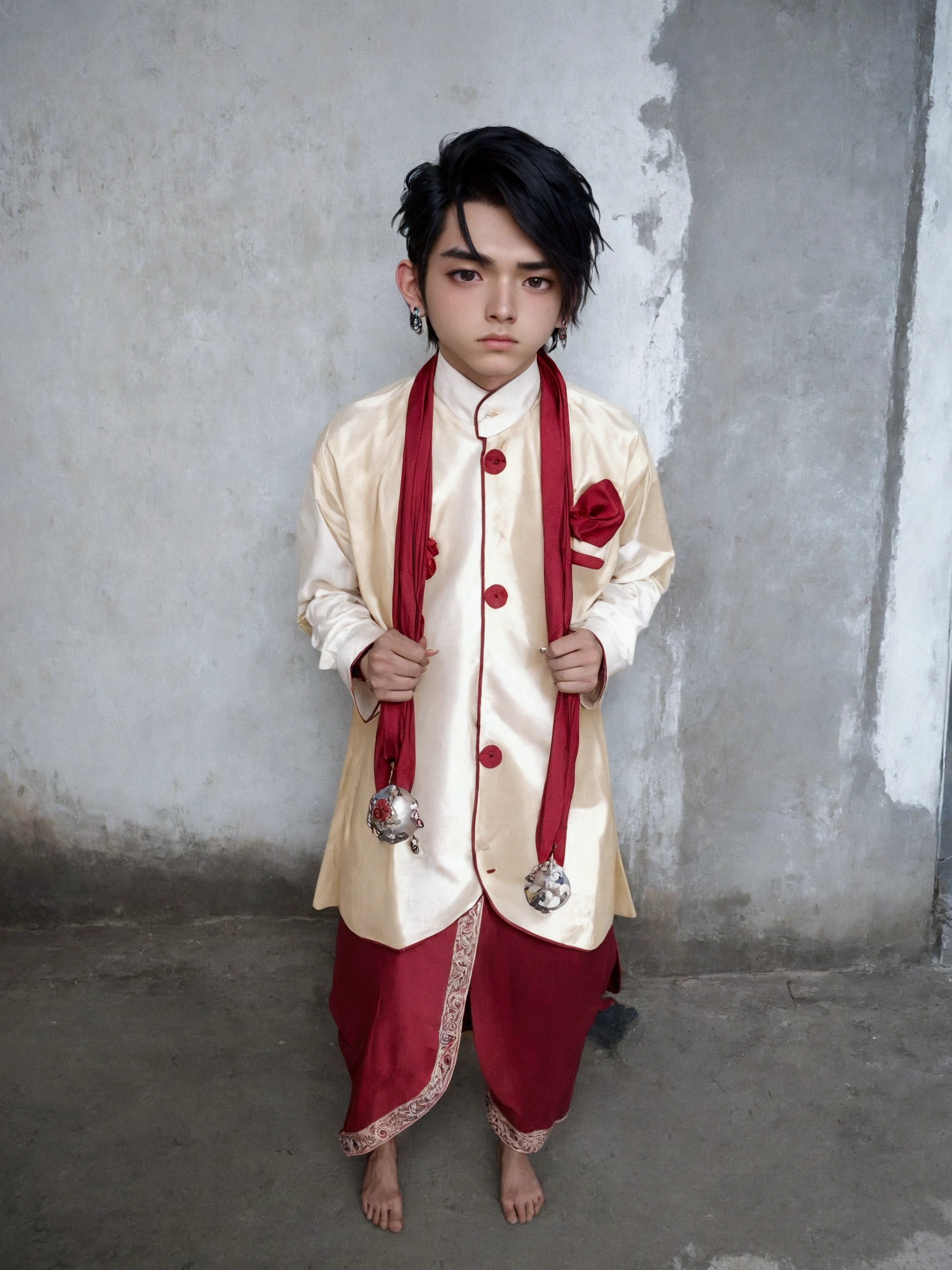 Create a picture of a hindu boy having orange outfit with hindu temple