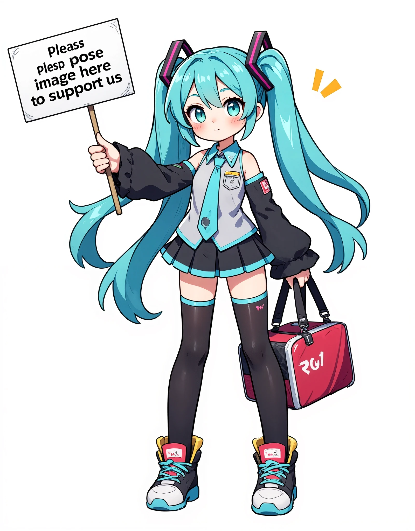 Hatsune Miku wearingcheer leader costume, thumbs up, with one hand he holding a sign with word "Please pose image here to support us", clean linework