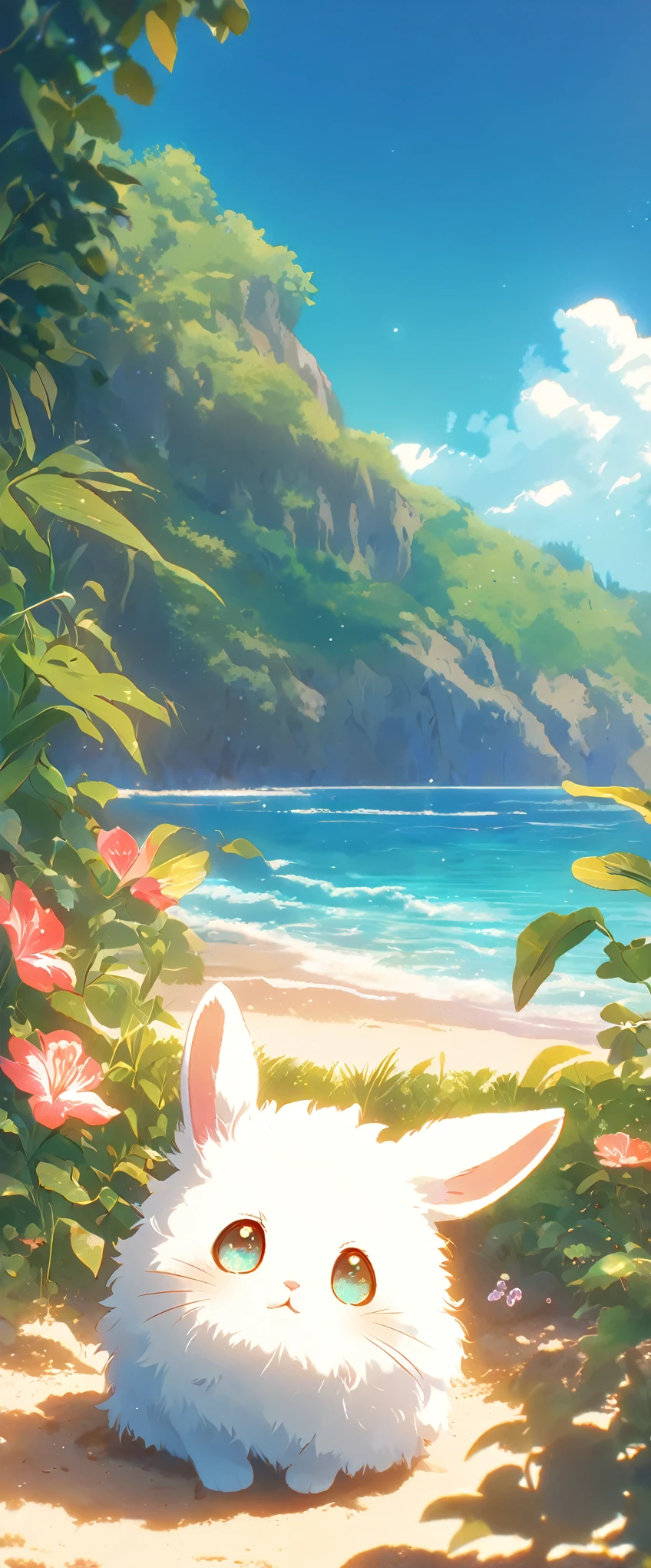 Create a close-up, animated illustration of a fluffy baby bunny sitting in Beach. Emphasize the soft fur, big eyes, and twitching nose of the bunny. The background should be a gentle blur of greenery, highlighting the cuteness and innocence of the baby bunny, by makoto shinkai, anime beautiful peace scene, beautiful anime scene, anime background art, anime landscape wallpaper, anime landscape, anime art wallpaper 4 k , anime art wallpaper 4k, beautiful anime scenery, anime art wallpaper 8 k, amazing wallpaper , Summer , Beach , Hot summer , Summer flowers