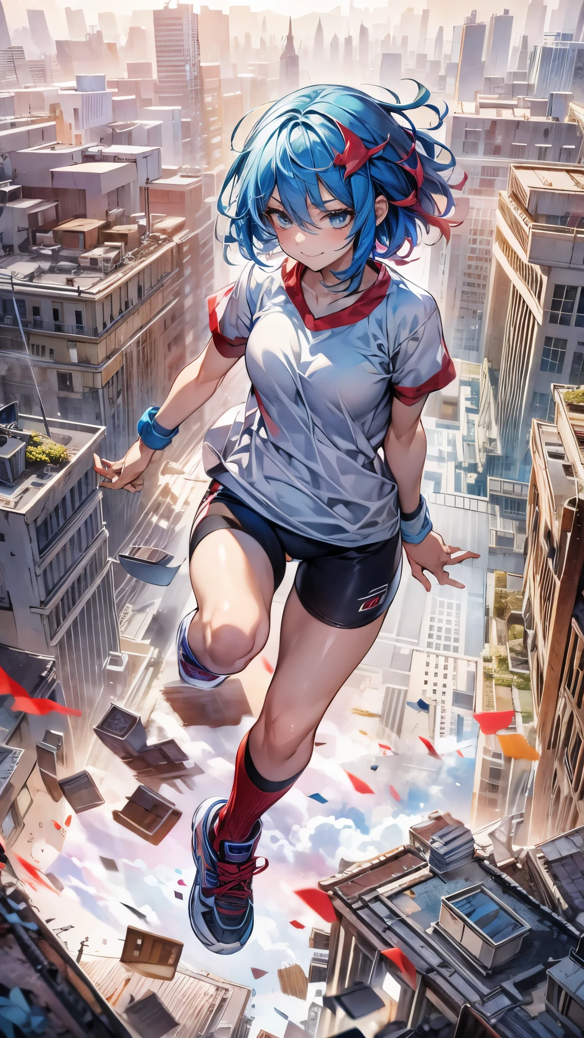 (masterpiece, super fine illustration, highest quality, ultla highres:1.2), Illustration with clear outline, ultra detailed, detailed background, (Blue sky, white clouds:1.0), summer, shiny hair, shining eyes, balanced eyes, (from above:0.0), (full-body shot:0.0),
(1girl), solo, mech girl , smile, cramped, (Athletic body:1.0), cityscape, rampage, (destruction:1.0), gts, gtscity, building , people, car, small miniature car in mouth,
