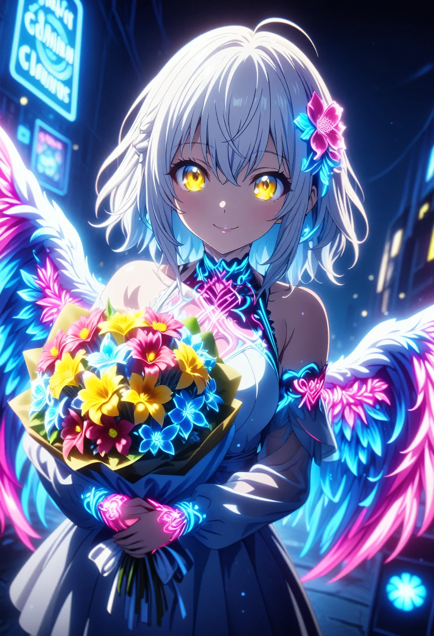 Masterpiece, highest quality, highly detailed CG Unity 8K wallpaper, one girl, anime screenshot, neon light with big wings, bouquet of flowers glowing in colorful neon colors, best smile, depth of field, white hair, yellow eyes, fisheye lens