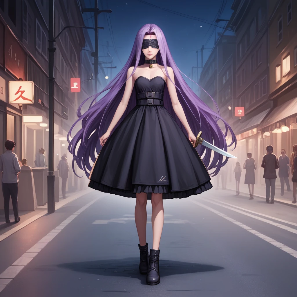 Medasa Rider, Ride Medusa, Long Hair, very Long Hair, Purple Hair, Facial marks, Forehead mark Taihai, dress, Clevis, Shoulder, Sleeveless, black dress, collar, Strapless, Strapless dress, Blindfold, Full body photography, Dynamic posing, 8k, ((Mastepiece)),(((Best Quality))),((Super detailed)),((((Realism)))), Photorealistic:1.37, (Ultra-realistic), (Illustration), (High resolution), (Very detailed), (最高のIllustration), (Super detailed細壁紙), (Beautiful expression), ((詳細 Best Qualityのスキン:1.2)), ((Moist skin)), ((Super detailed細な背景, Detailed background, Harbour Street, Dark Night, Jump over the city)), looking at viewer, Combat Ready, lock blade, connection lock, knife