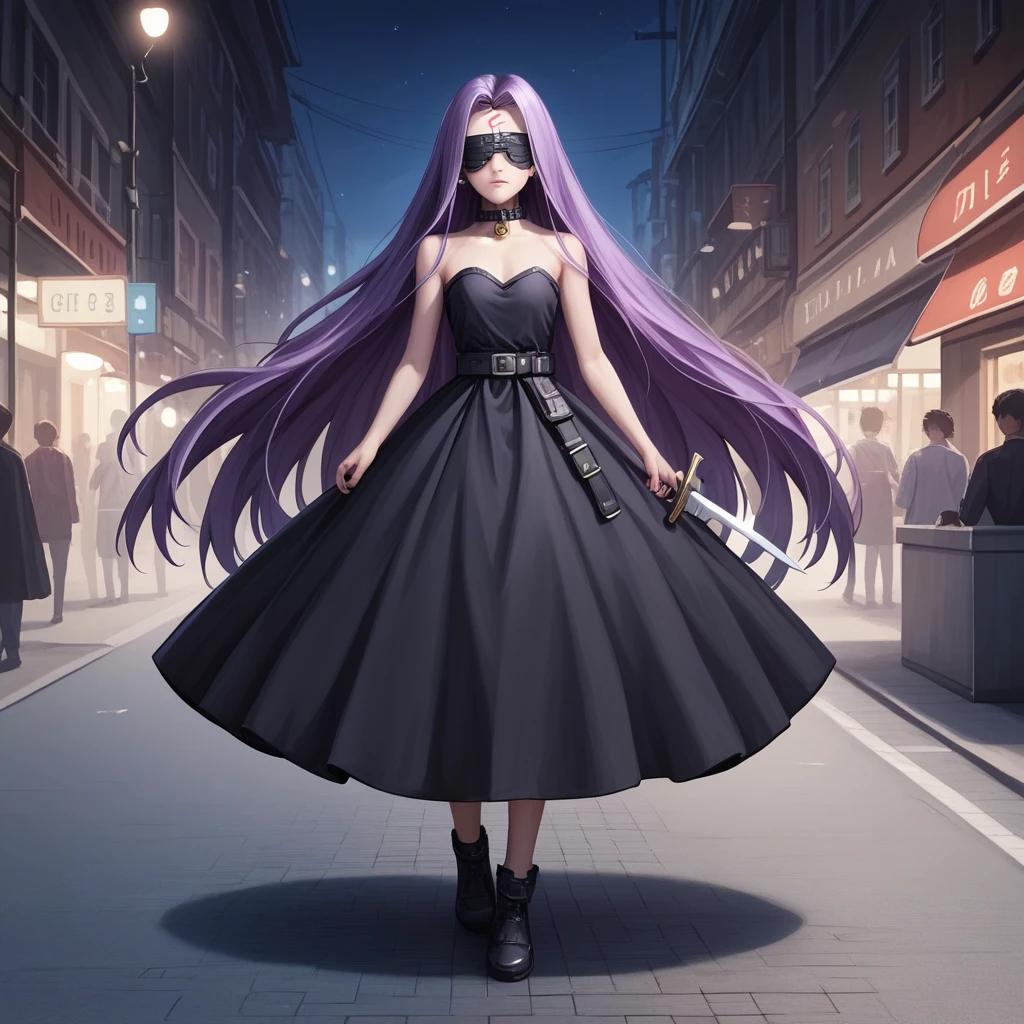 Medasa Rider, Ride Medusa, Long Hair, very Long Hair, Purple Hair, Facial marks, Forehead mark Taihai, dress, Clevis, Shoulder, Sleeveless, black dress, collar, Strapless, Strapless dress, Blindfold, Full body photography, Dynamic posing, 8k, ((Mastepiece)),(((Best Quality))),((Super detailed)),((((Realism)))), Photorealistic:1.37, (Ultra-realistic), (Illustration), (High resolution), (Very detailed), (最高のIllustration), (Super detailed細壁紙), (Beautiful expression), ((詳細 Best Qualityのスキン:1.2)), ((Moist skin)), ((Super detailed細な背景, Detailed background, Harbour Street, Dark Night, Jump over the city)), looking at viewer, Combat Ready, lock blade, connection lock, knife