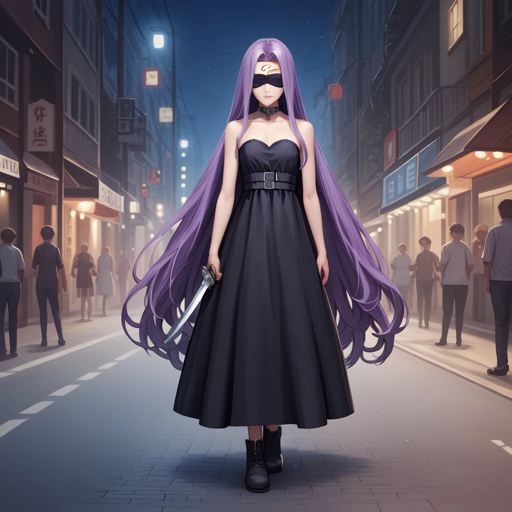 Medasa Rider, Ride Medusa, Long Hair, very Long Hair, Purple Hair, Facial marks, Forehead mark Taihai, dress, Clevis, Shoulder, Sleeveless, black dress, collar, Strapless, Strapless dress, Blindfold, Full body photography, Dynamic posing, 8k, ((Mastepiece)),(((Best Quality))),((Super detailed)),((((Realism)))), Photorealistic:1.37, (Ultra-realistic), (Illustration), (High resolution), (Very detailed), (最高のIllustration), (Super detailed細壁紙), (Beautiful expression), ((詳細 Best Qualityのスキン:1.2)), ((Moist skin)), ((Super detailed細な背景, Detailed background, Harbour Street, Dark Night, Jump over the city)), looking at viewer, Combat Ready, lock blade, connection lock, knife