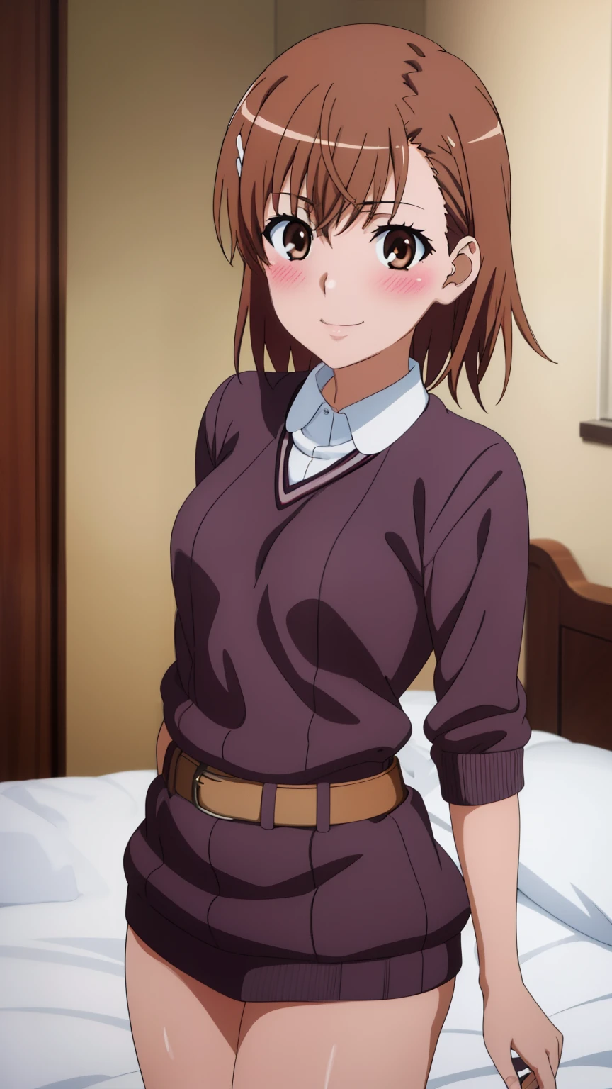 (masterpiece, best quality, high resolution, 8k:1.2), (anime coloring:1.2), highly detailed, beautiful eyes, perfect eyes, fine eyes, brown eyes, featuring big highlights, detailed face, highly detailed, fine eyes, symmetrical eyes, one girl, alone, Misaka Mikoto, brown hair, short hair, hairpin, (small breast), slim body, nffsw, (open-chest sweater, thighs, smile, blush, indoors, bed), looking at the viewer, in the center of the image, (beautiful_chest:1.1), (beautiful_face:1.2), (beautiful_waist:1.2), (cowboy shot), dutch angle,