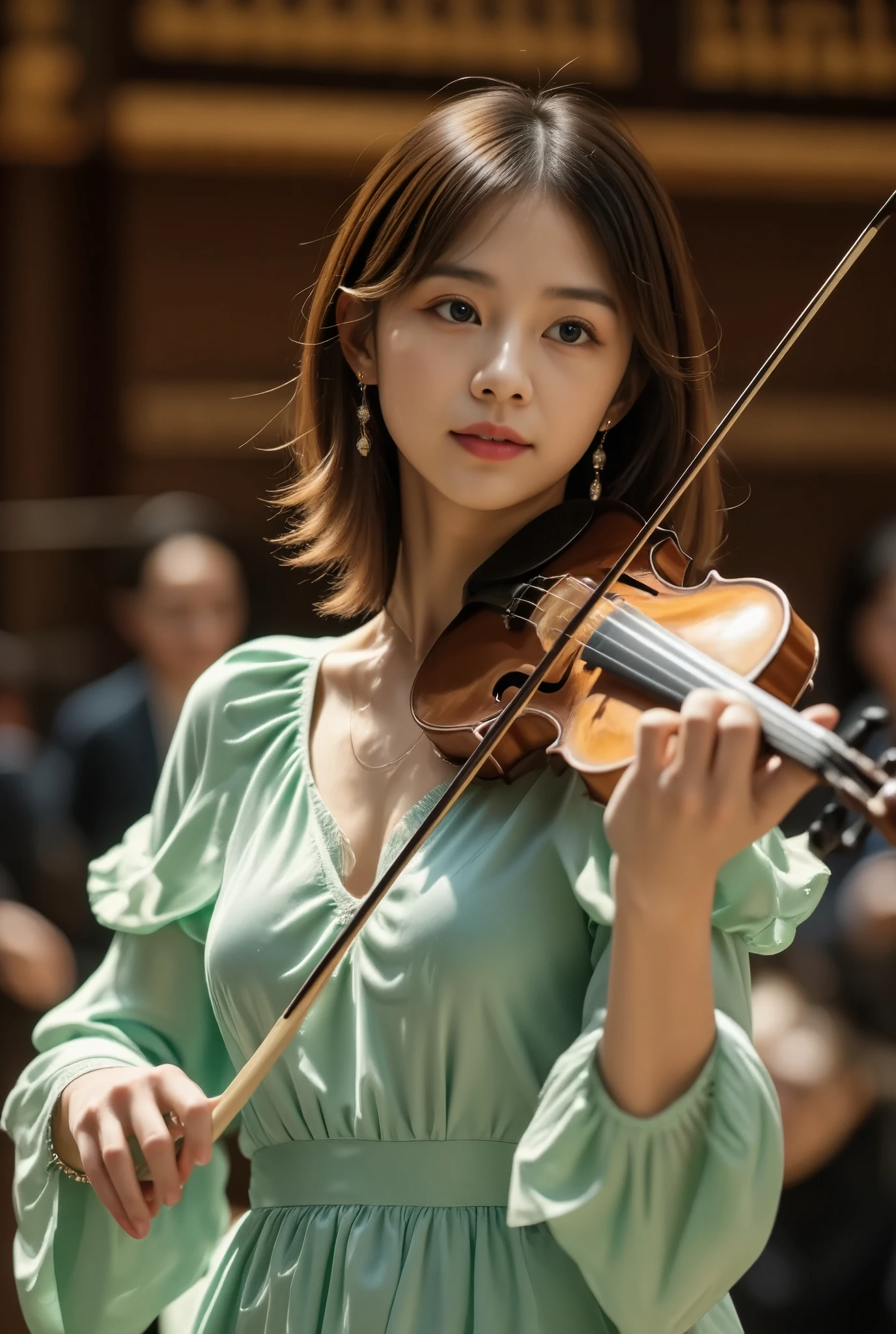 photo of Japanese girl, earrings, upper body, 1girl, 
necklace, earrings, bracelet, 
long hair with layered cut and one-curl perm, brown to blonde speckled hair, curly hair

the dress is ice green, with layers of ruffles flowing down her body. the shoulders are beautifully pleated like a sculpture, adding a touch of sophistication. , 

playing the violin solo in a concert hall, from the side