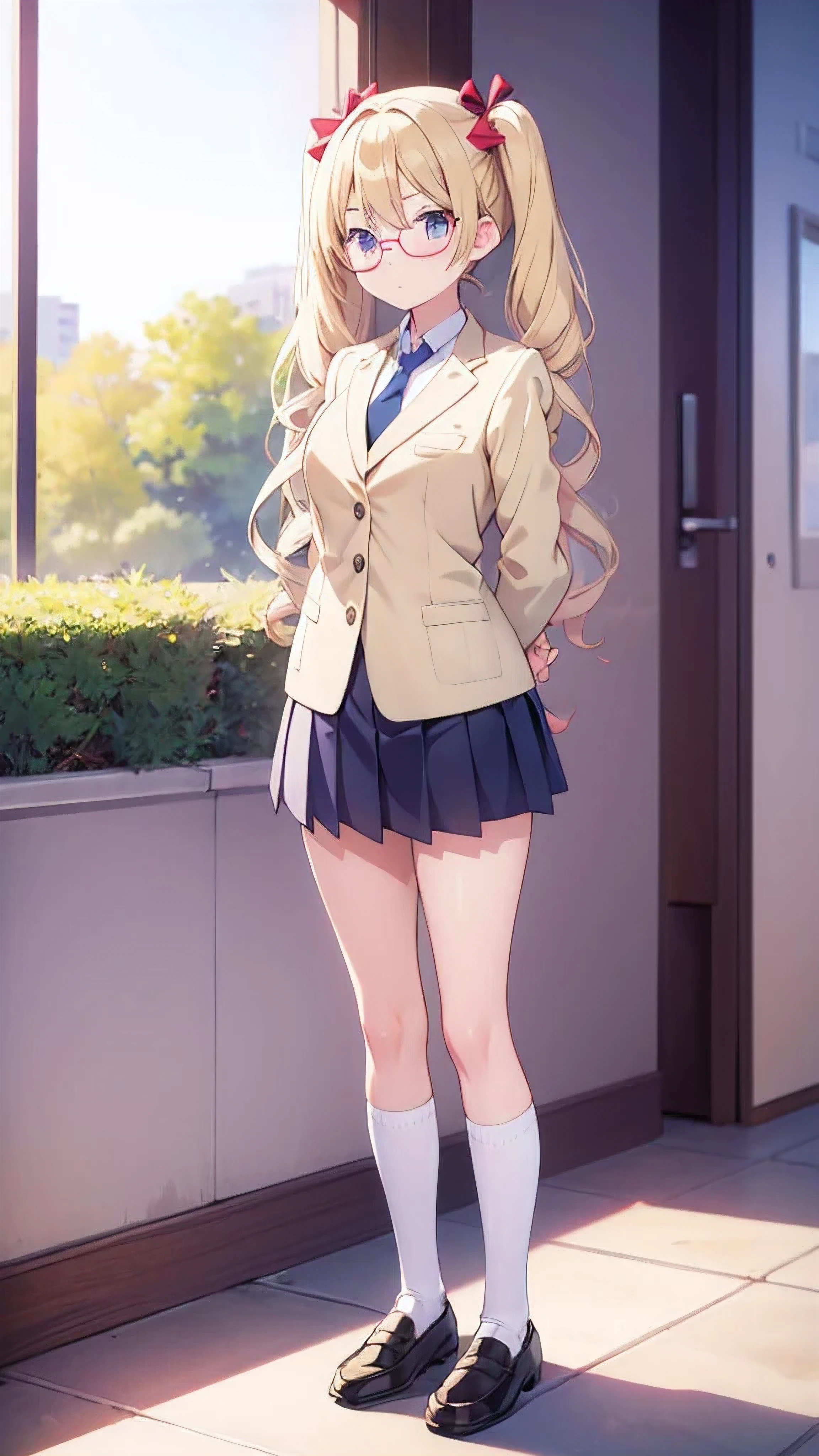 Anime girl standing with her arms folded behind her back　Window　Twin tails　Glasses　Blonde　White crew socks　Black Loafers　Blazer uniform　tie