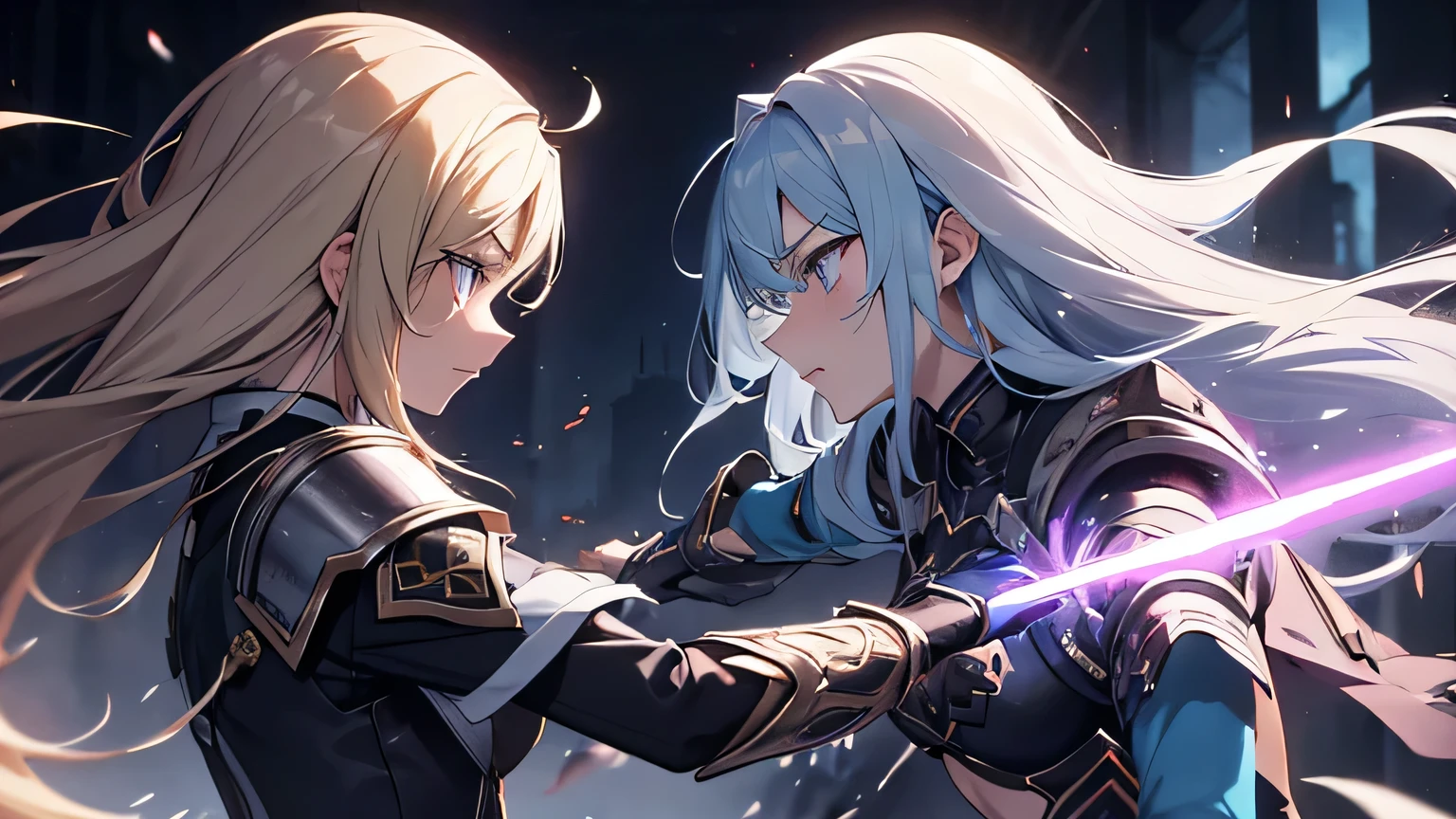 Two fierce warrior princesses, Reiko DateWingfield and Maya Kamiwazumi, are locked in an intense, emotional battle in a grand, dimly lit dueling chamber. Reiko, the elder stepsister, has striking blonde hair flowing around her, emerald eyes burning with rage. She is muscular and dressed in silver-and-blue battle armor, which sparks with lightning energy. Her sword crackles with electricity as she strikes. Maya, the younger stepsister, has long, flowing blue hair with a dark, shadowy aura around her. Her purple eyes glimmer with dark magic, and her shadow manipulation power is visible as it swirls around her form. She is dressed in dark, sleek armor that mirrors the shadows she controls. Her weapon, a spear infused with destructive energy, clashes against Reiko’s lightning sword. Both sisters are fighting with vicious intensity, hair flying, faces contorted in fury, and their movements are swift and violent. Blood drips from cuts on their faces and arms, signifying the brutality of their combat. The atmosphere is charged with both lightning and shadow energy, and the dueling chamber shows signs of destruction, with broken pillars and shattered floors as a result of their ongoing battle. The background should showcase the ancient dueling chamber, with sacred symbols etched into the walls, a large, glowing crest above them, symbolizing their royal lineage. Their expressions should show a mixture of hatred, grief, and jealousy, as their fight is not only about power but also deeply rooted in their family tragedy.anime image to create a