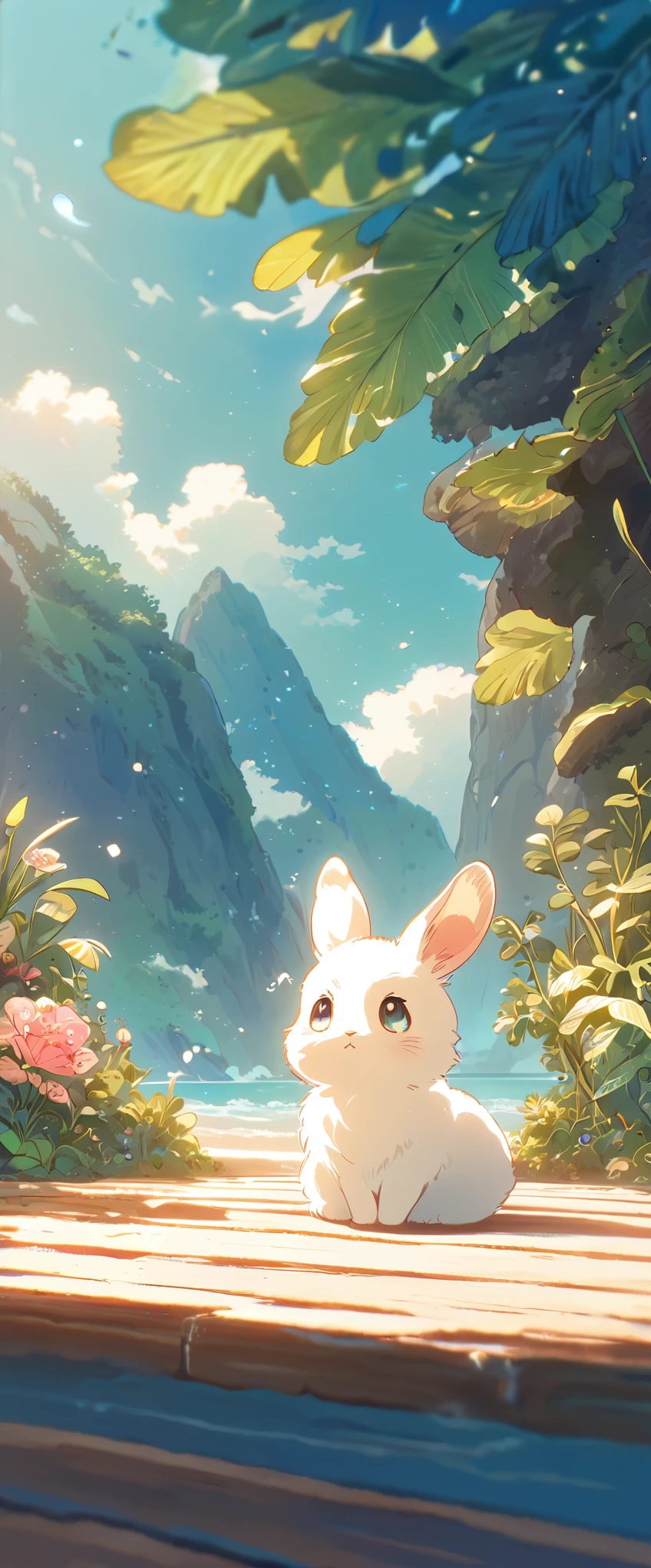 Create a close-up, animated illustration of a fluffy baby bunny sitting in Beach. Emphasize the soft fur, big eyes, and twitching nose of the bunny. The background should be a gentle blur of greenery, highlighting the cuteness and innocence of the baby bunny, by makoto shinkai, anime beautiful peace scene, beautiful anime scene, anime background art, anime landscape wallpaper, anime landscape, anime art wallpaper 4 k , anime art wallpaper 4k, beautiful anime scenery, anime art wallpaper 8 k, amazing wallpaper , Summer , Beach , Hot summer , Summer flowers