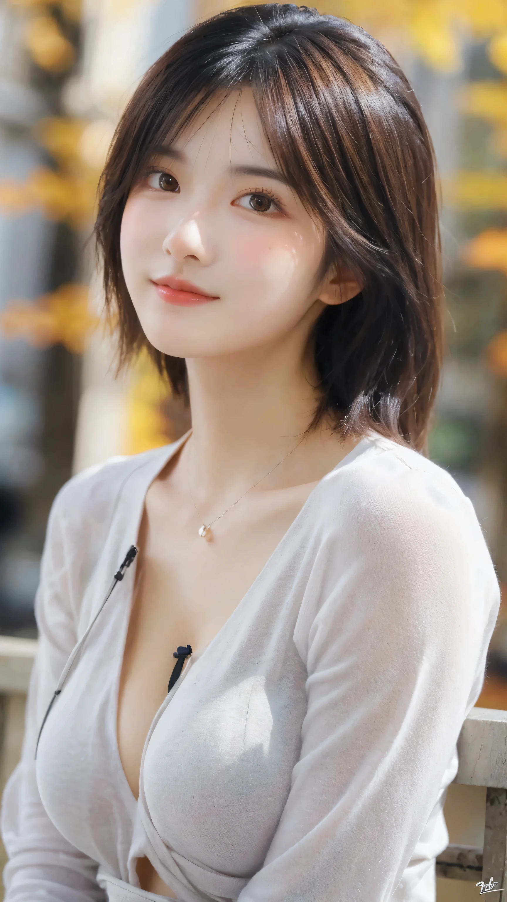 A close up of a woman sitting on a bench with a white shirt - SeaArt AI