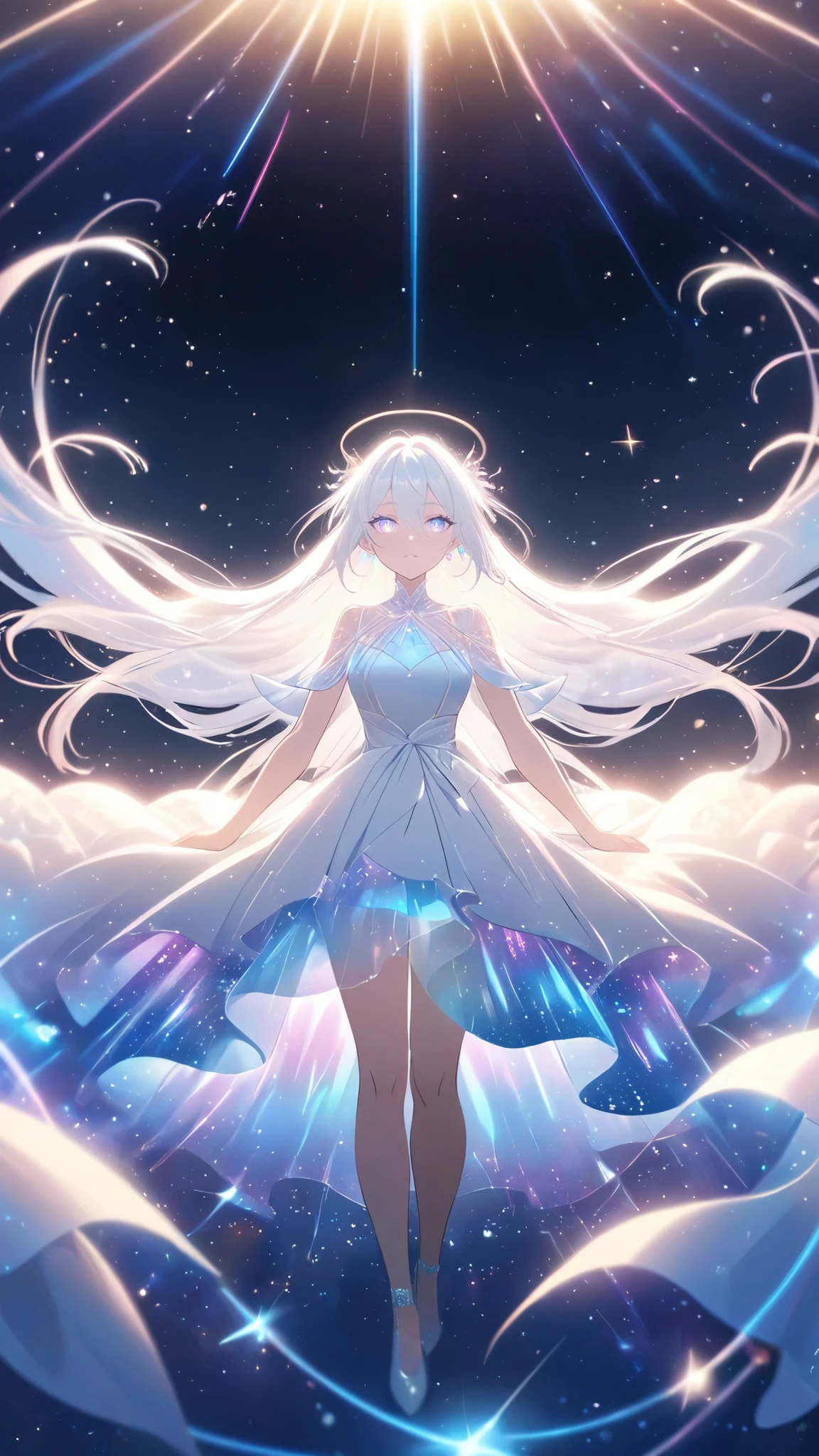 A beautiful young woman with long white hair falling gracefully from the sky, wearing a flowing white dress with a symmetrical, highly detailed face, surrounded by translucent multicolored glitters in a soft, dreamy, and dramatic lighting at golden hour, elegant and intricate,vivid color,sparkling,god rays,iridescence,threads of light,holy aura,clear blue starry eyes