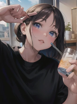 A young girl holding a glass of water with long hair, in the style of Realism: Lifelike accuracy, gongbi, I can't believe how beautiful this is, Ultra-realistic pop music, cartoony