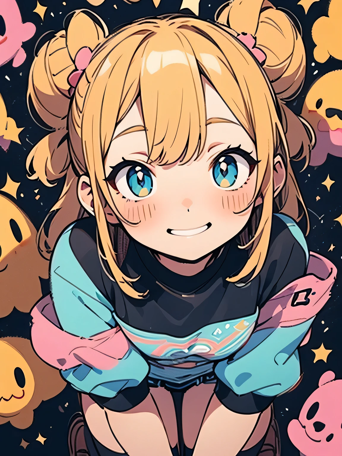 (Alone),(looking at viewer:1.3),(leaning foward:1.2),close up face,blonde twinbuns,long sideburn,((bluntbangs:1.3)),nsfw,(underboob:1.2),cute smile,blush、camisole、Micro Mini Skirt、zettai ryouiki、black over-the-knee socks、Fancy Pouch、General store、(I am the star:1.3),(manga style),(sketch),(illustration),