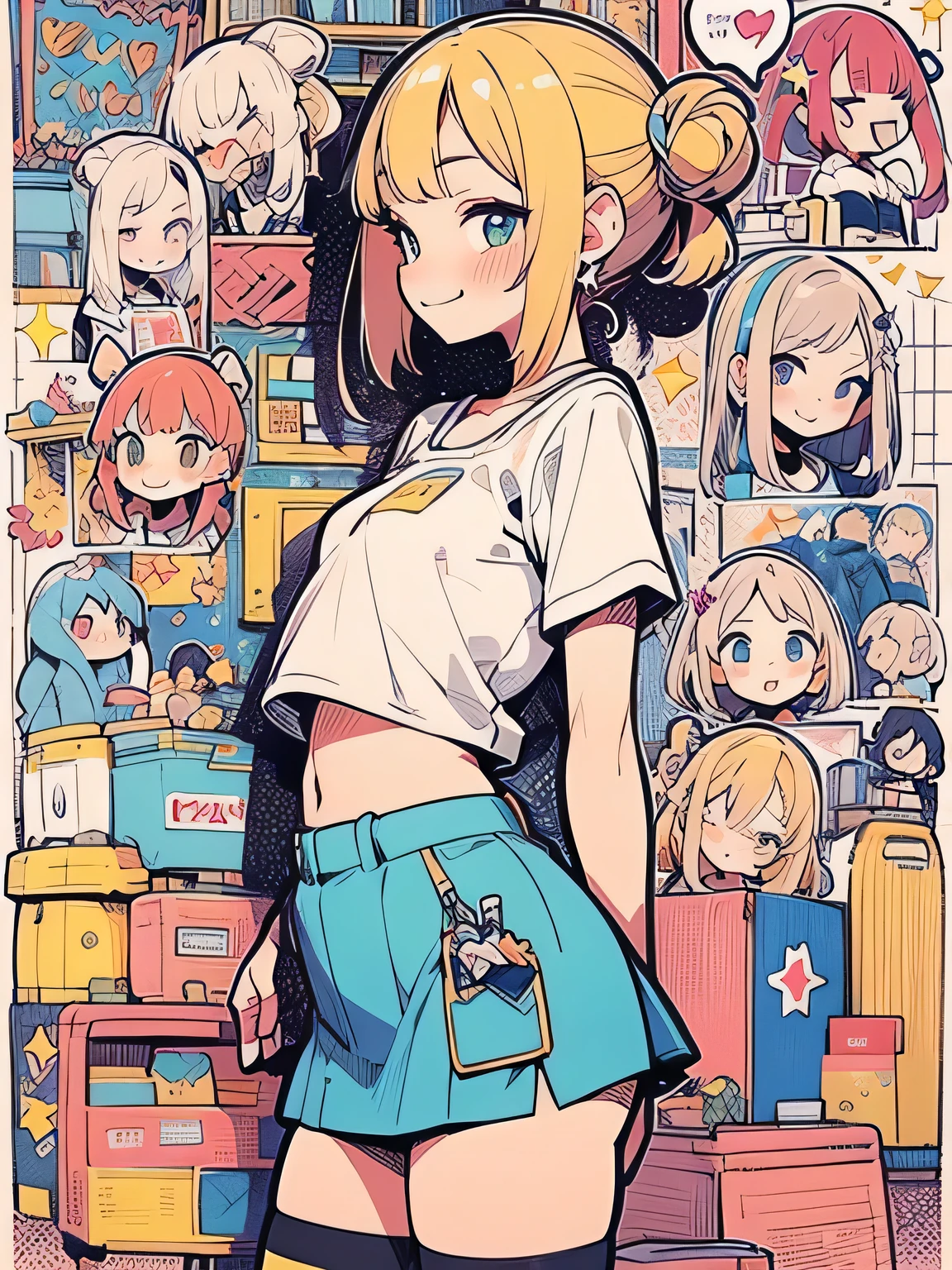 sideview,(Alone),blonde twinbuns,long sideburn,((bluntbangs:1.3)),nsfw,(underboob:1.2),cute smile,blush、camisole、Micro Mini Skirt、zettai ryouiki、black over-the-knee socks、Fancy Pouch、General store、(I am the star:1.3),(manga style),(sketch),(illustration),