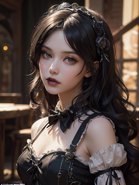 (((Masterpiece, top quality, super detailed))), (((( very detailed face))), small thin nose, small thin lip mouth, (((very sharp focused eyes))), very large slit precise pale gray eyes shining like jewels. Very long eyelashes, long black hair with black vertical curls, thick bangs, vertically curled princess cut, large breasts, (((very decorative gothic lolita fashion meets overdecorated steampunk fashion))), (((overall accuracy has improved dramatically, creating a super detailed and realistic and realistic images))).