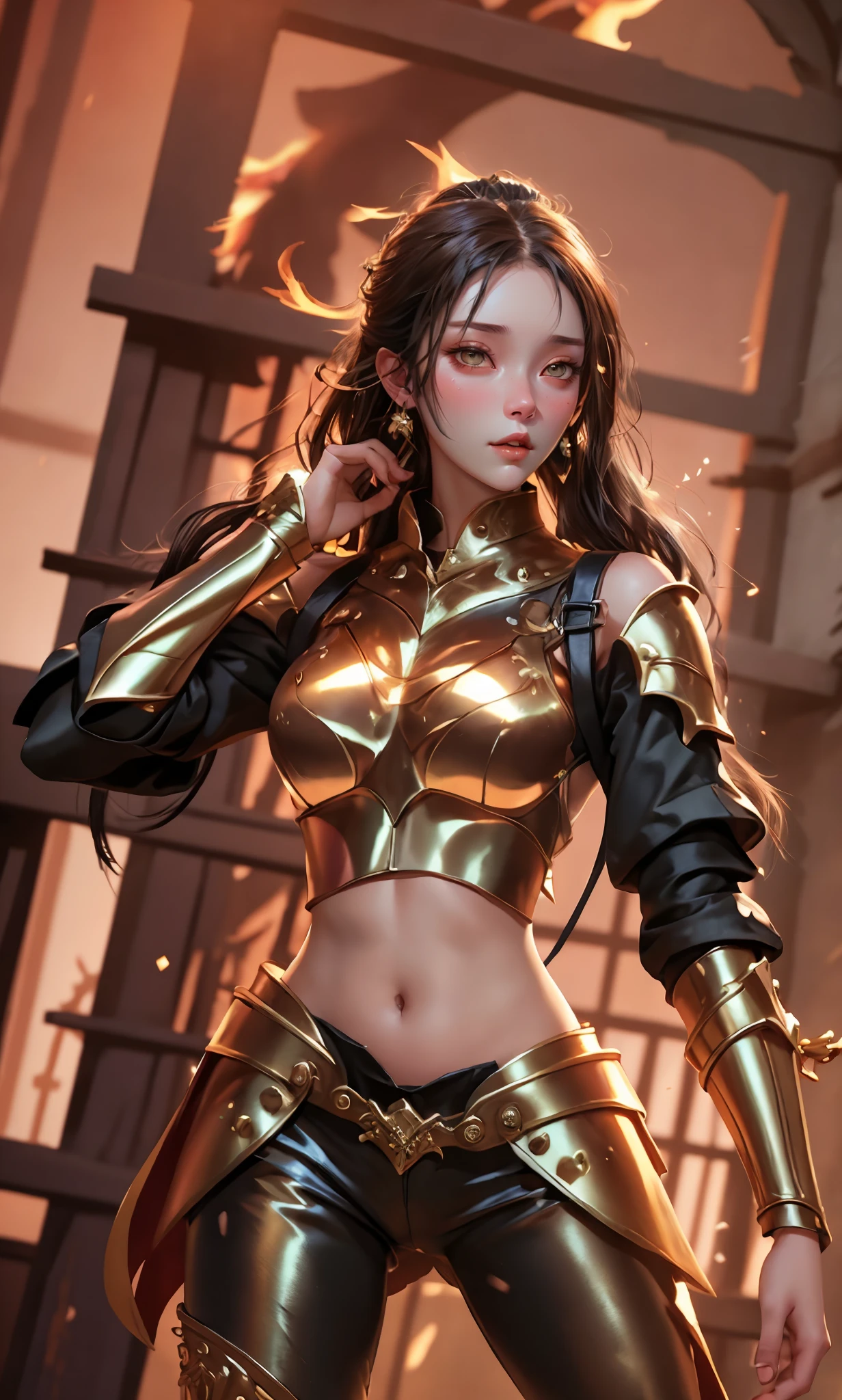 super high saturation（tmasterpiece）， fully body photo，（best qualtiy），An 18-year-old woman、（1girll），superwide shot， sface focus，  Wearing shiny gold armor， Sexy lingerie type armor，Navel Ejection，Exposing the waistline，Exposing thighs，Cool pose， Saint Seiya's Armor，Arrange into intricate décor、Aquarius、Aquarius、 dishevled hair，high detal, Anime style, Cinematic lighting, The armor shines golden, God Light, Ray traching, film grains, hyper HD, textured skint, super detailing, Delicately reproduce realistic skin texture in every detail、Realistic muscle texture、anatomical correct, hight resolution，super high saturation，highly contrast，High-gloss armor，slick skin，Grim expression，sharp eye、Red Eyes、Red highlights on black hair、Long straight hair、buttle、Fold your hands and stretch your arms high above your head、Aurora Background、Full body projection