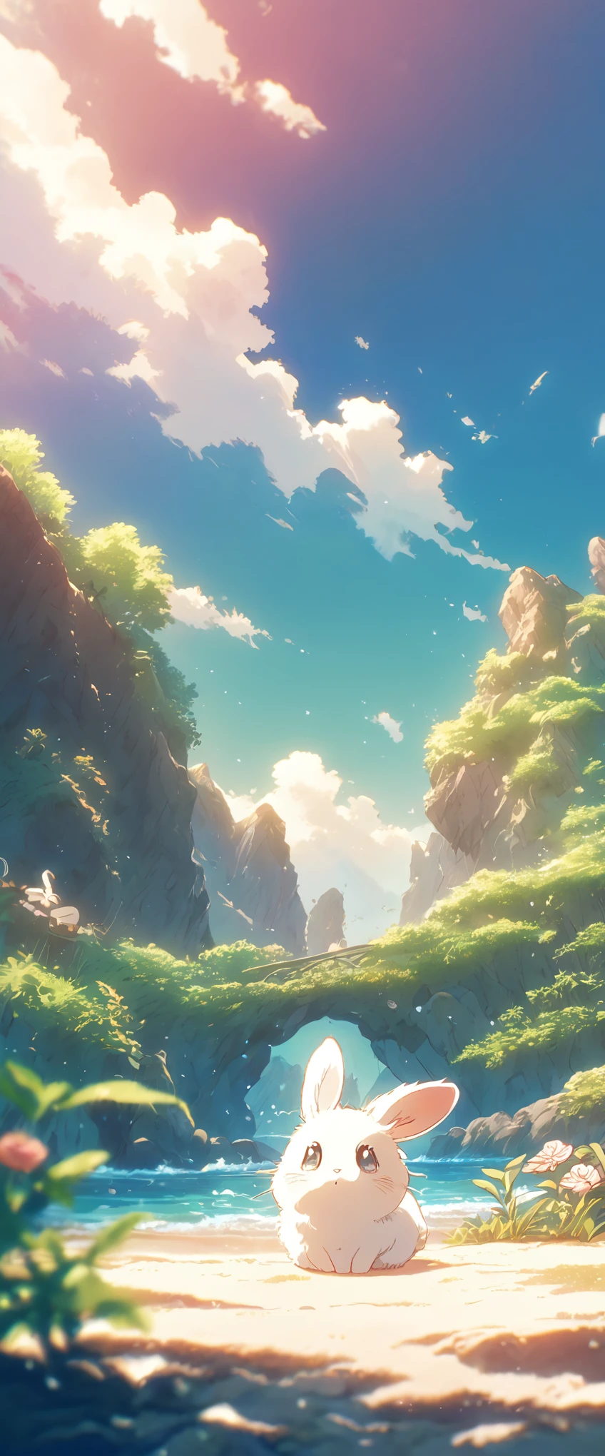 Create a close-up, animated illustration of a fluffy **** bunny sitting in Beach. Emphasize the soft fur, big eyes, and twitching nose of the bunny. The background should be a gentle blur of greenery, highlighting the cuteness and innocence of the **** bunny, by makoto shinkai, anime beautiful peace scene, beautiful anime scene, anime background art, anime landscape wallpaper, anime landscape, anime art wallpaper 4 k , anime art wallpaper 4k, beautiful anime scenery, anime art wallpaper 8 k, amazing wallpaper , Summer , Beach , Hot summer , Summer flowers