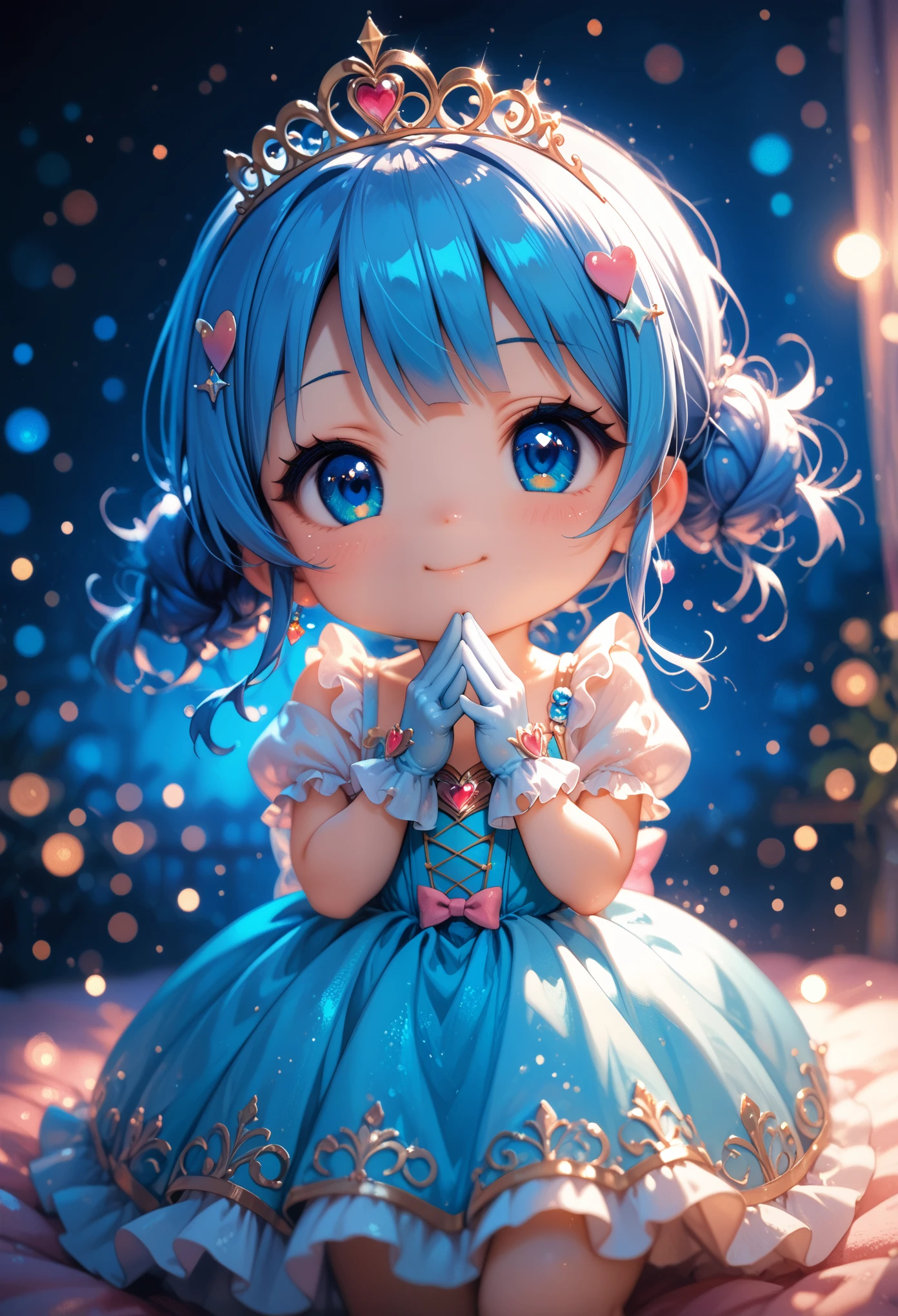 (artwork), (amazing work), (indirect linear lighting), (Chibi-cute studios), (Gif cute anime), (cute Cute kawaii), (Очень подробные обои CG 8k unit), (1 girl) in a cute dress, long blue hair with a cute tousled tiara, in silk gloves, white skin, green-blue eyes, (Cute kawaii),cinematic film still,score_9,score_8_up,score_7_up,masterpiece,best quality,8k