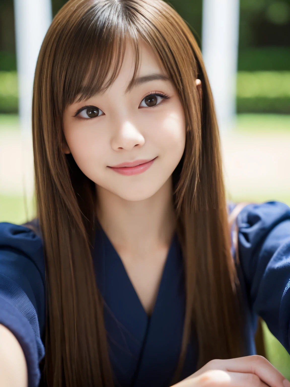 photograph, beautiful, Narrow Face, Slender body, 18-year-old, cute女の子, Famous Japanese Idols, cute, Fair skin, Shiny skin, thin jaw, smile, cute, young, Highly detailed nose, Highly detailed mouth, cute顔, Realistic Face, blouse