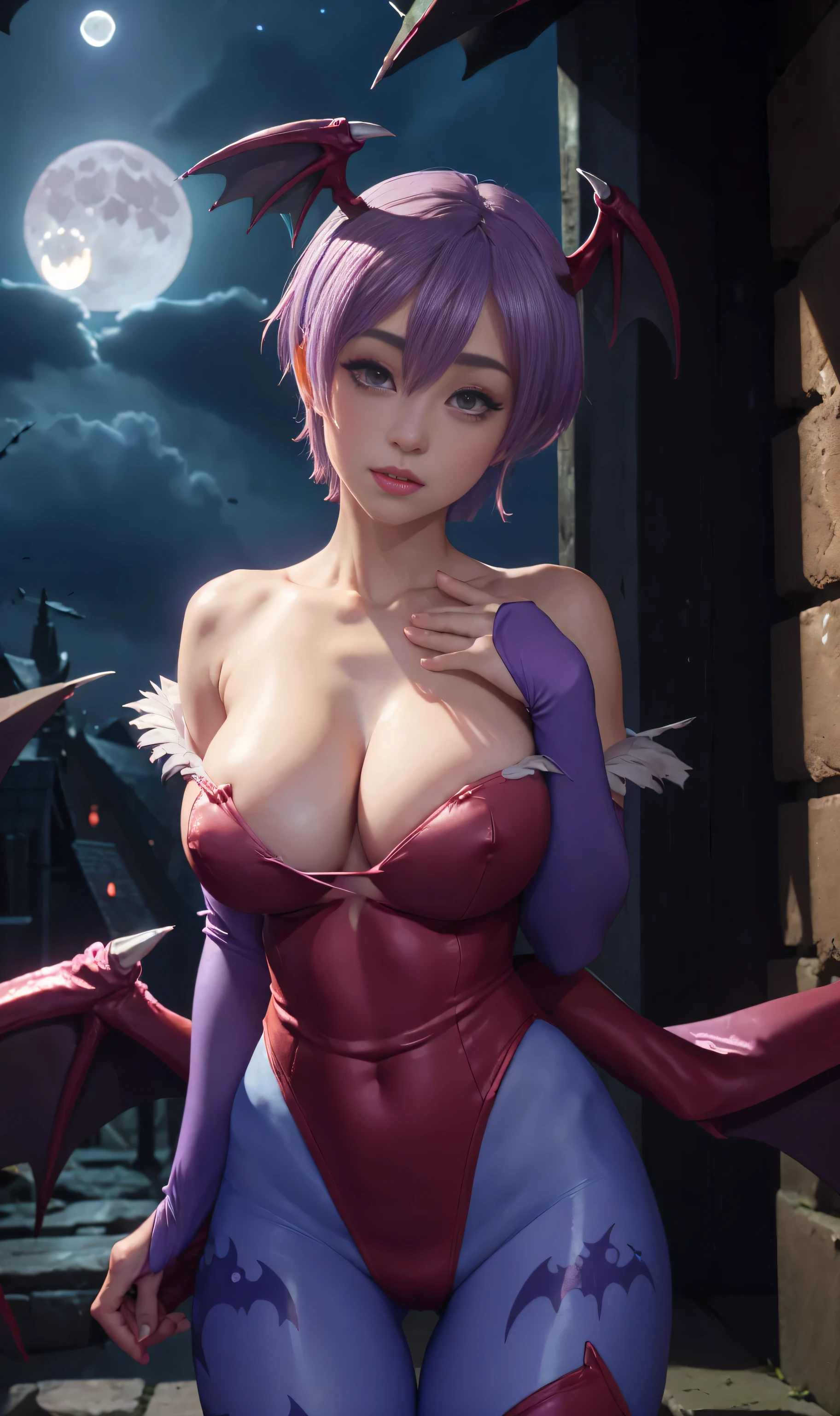 Lilith for super thick breasts、purple hair、、8K, 4k, Of the highest quality, high resolution: 1.2),flicker、an exposed breast、cute anime face、pink blush on the cheeks.、noise removal,Very close to the screen. (((her perfect body))) that her body can be seen from head to toe beautiful in her suit (((in the background the darkness and the full moon)))