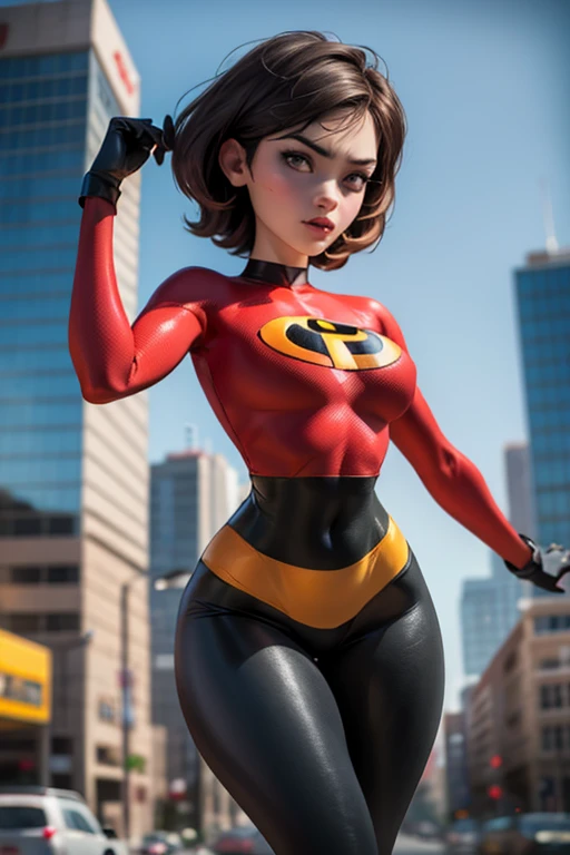 highly detailed portrait of Elastigirl (Helen Parr) from The Incredibles, short, straight brown hair, cropped at chin length and combed to the side, has big brown eyes and light, clear skin, elastigirl is wearing her signature superhero costume - a tight red bodysuit with a large yellow crown and black 'I' logo on the chest, black sleeves, black gloves, black boots, and orange detailing around the waist and wrists, she also wears a black mask to hide her eyes, her identity exudes confidence, strength, and flexibility, large breasts, defined small waist, wide hips, thick thighs, classic red one-piece swimsuit with high-cut legs and low back, strong and curvaceous athletic figure, confident and responsible, erotic pose, (best quality, 4k, 8k, high resolution, masterpiece: 1.2), ultra detailed, (realistic, photorealistic, photorealistic: 1.37), highly detailed face and body, extremely detailed eyes and face, long eyelashes, cinematic lighting, dynamic pose, Dramatic lighting, vivid colors, intricate details, background creates a modern cityscape with sleek buildings and a sense of action, capturing the atmosphere of a superhero on a mission, the background should focus on Elastigirl, not including other characters