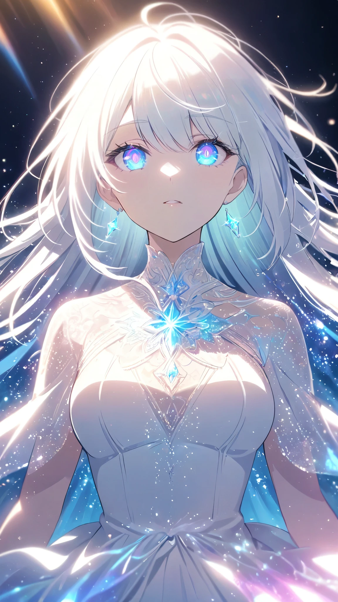 A beautiful young woman with long white hair falling gracefully from the sky, wearing a flowing white dress with a symmetrical, highly detailed face, surrounded by translucent multicolored glitters in a soft, dreamy, and dramatic lighting at golden hour, elegant and intricate,vivid color,sparkling,god rays,iridescence,threads of light,holy aura,clear blue starry eyes